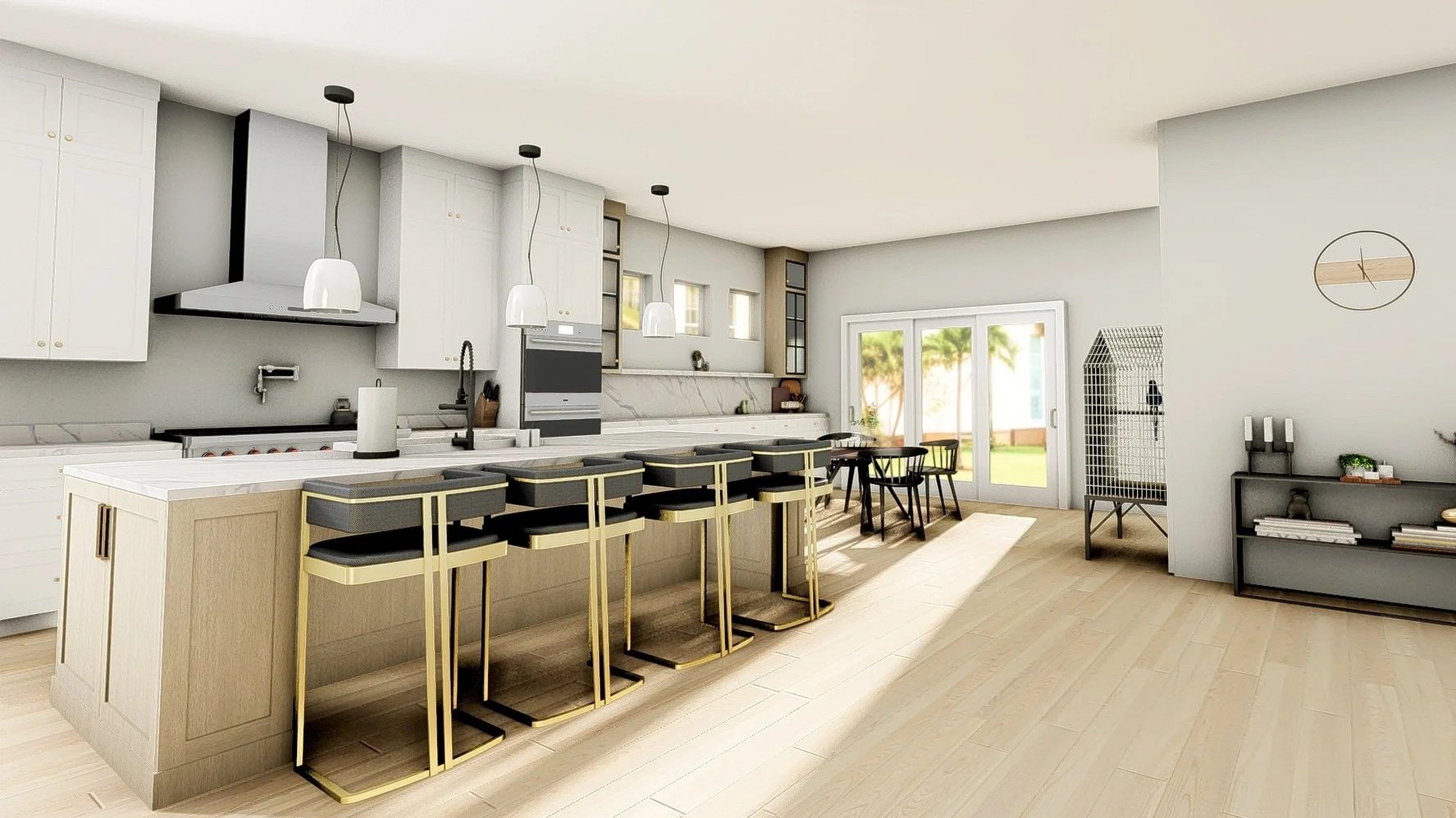 Modern kitchen with white cabinets, marble countertops, bar stools, pendant lighting, and sliding glass doors leading to a backyard.