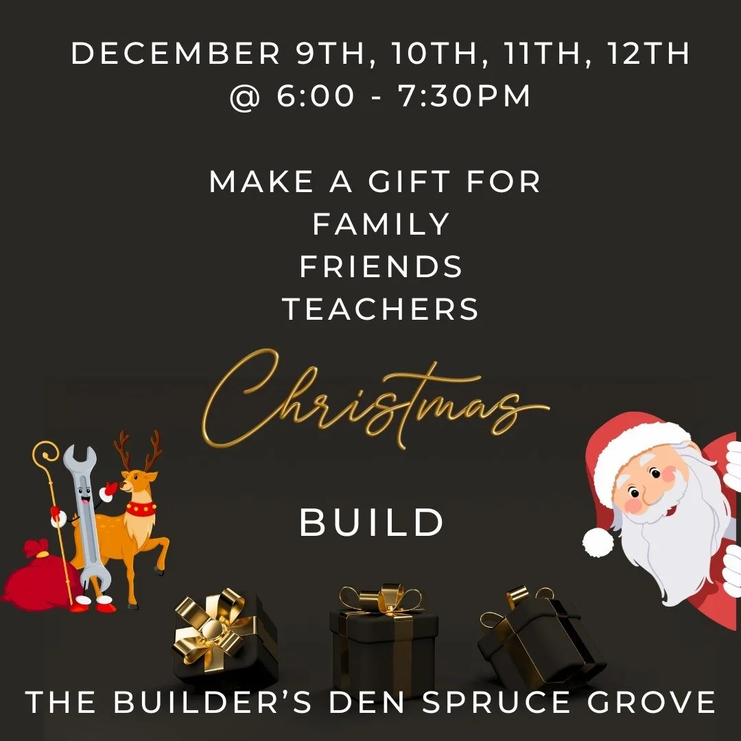 Come on down to The Den and make some ornaments or a gift to give a loved one!
Sign-up with a friend and build from some samples we have made. Customize it to your liking and have a unique gift, hand made by you!

Message us for a link
Go to our webs