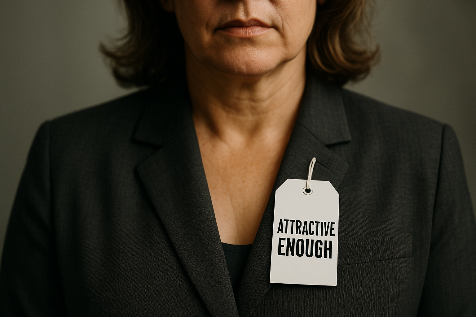 A middle-aged professional woman wearing a dark blazer with a white price tag pinned to her lapel reading “Attractive Enough,” symbolizing the pressure on women to meet beauty standards in professional settings.