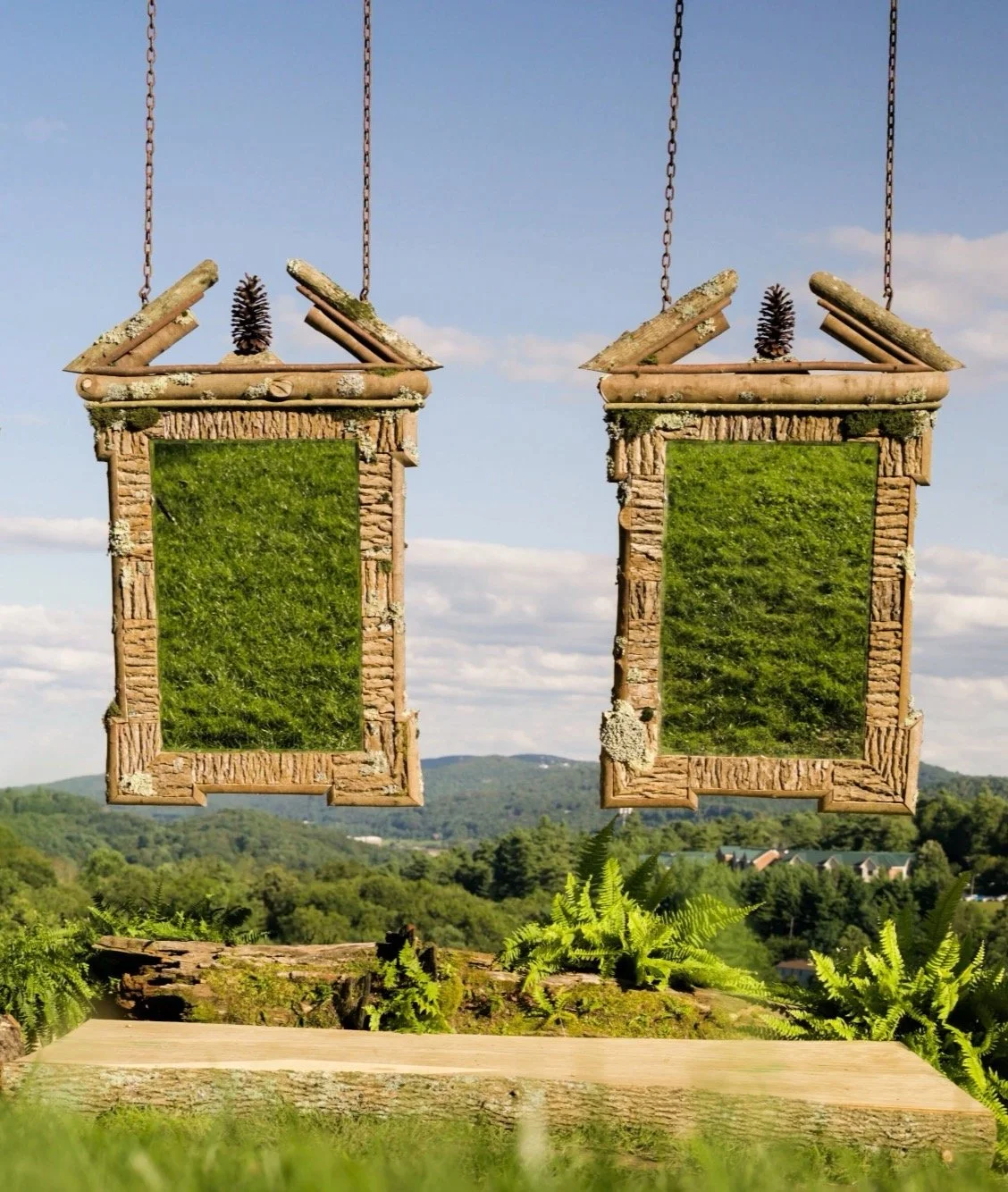 One-of-a-kind pair antique-green beveled glass, framed in North Carolina poplar bark, sugar maple, and rhododendron, finished with a longleaf pinecone finial. 