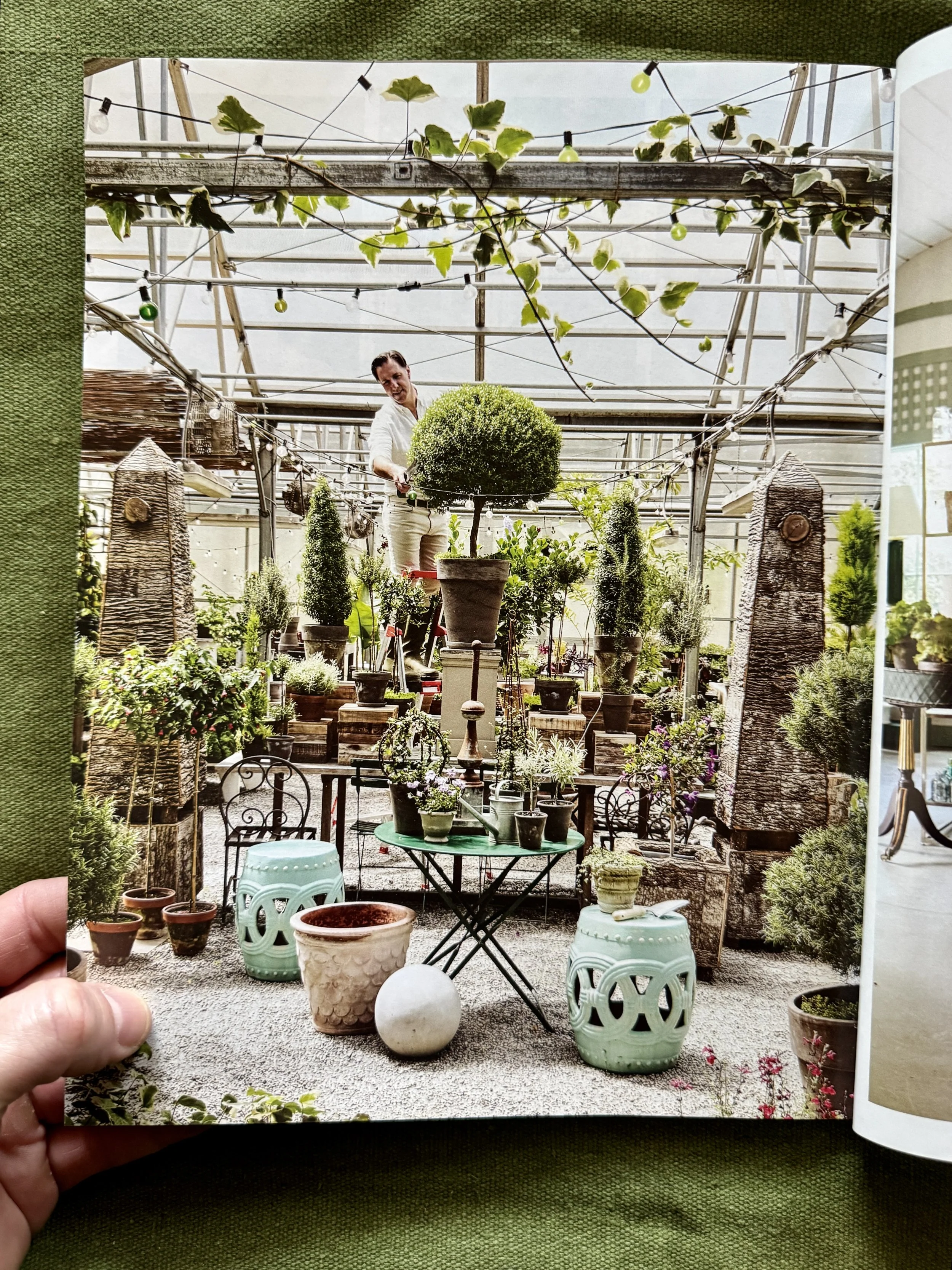 "bark-covered obelisks are by North Carolina artist Raleigh Adams." -FLOWER Magazine