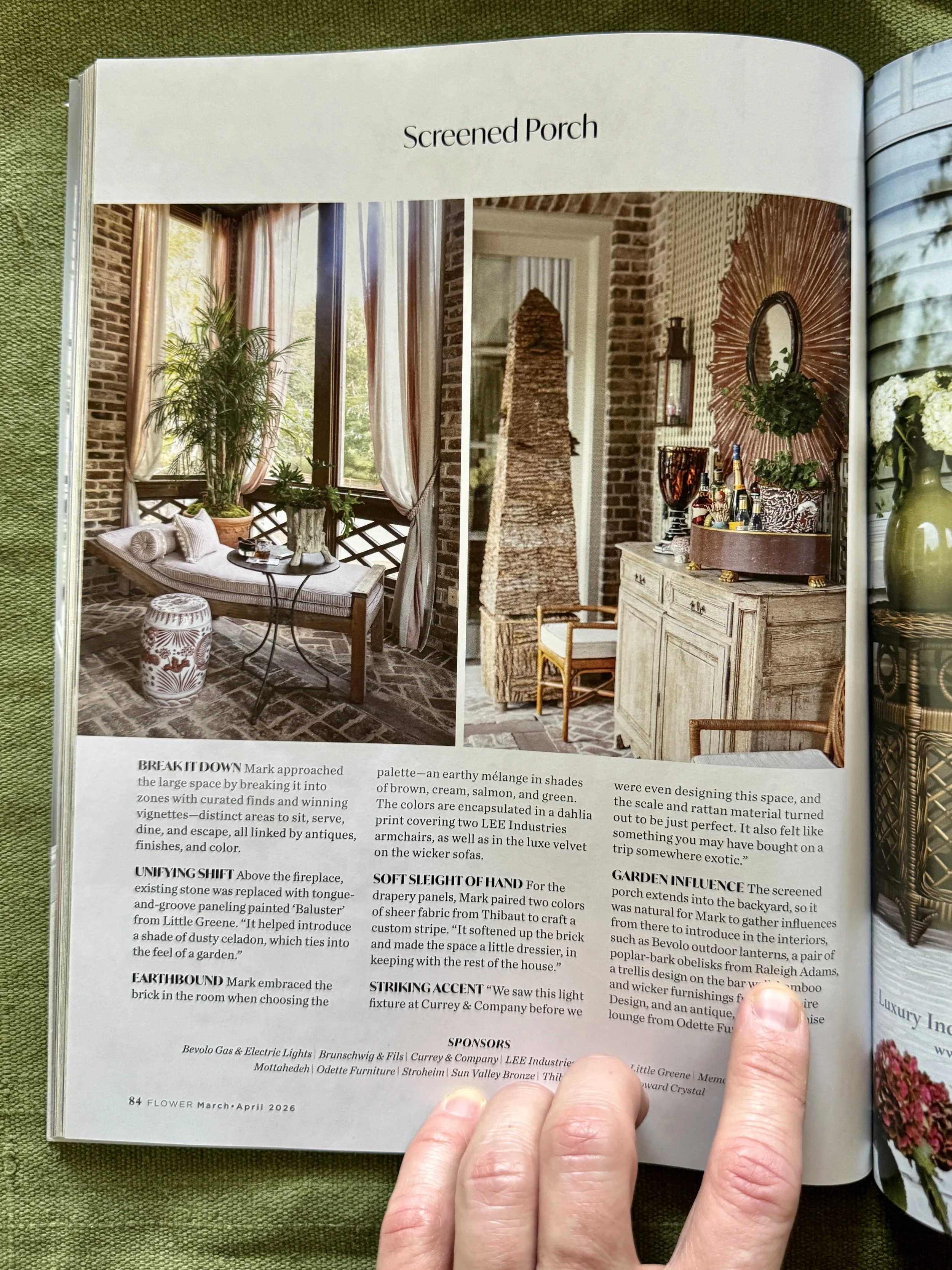 FLOWER Magazine: The screened porch designed by Mark Kennamer featuring obelisks by Raleigh Adams.