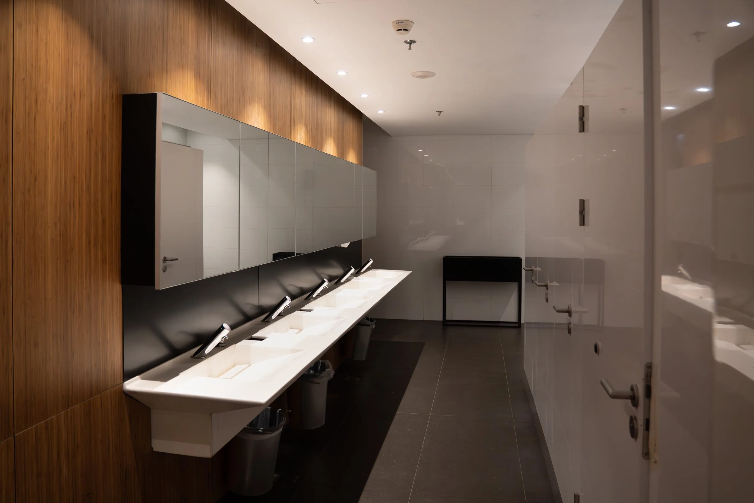Commercial public bathroom stalls and sinks