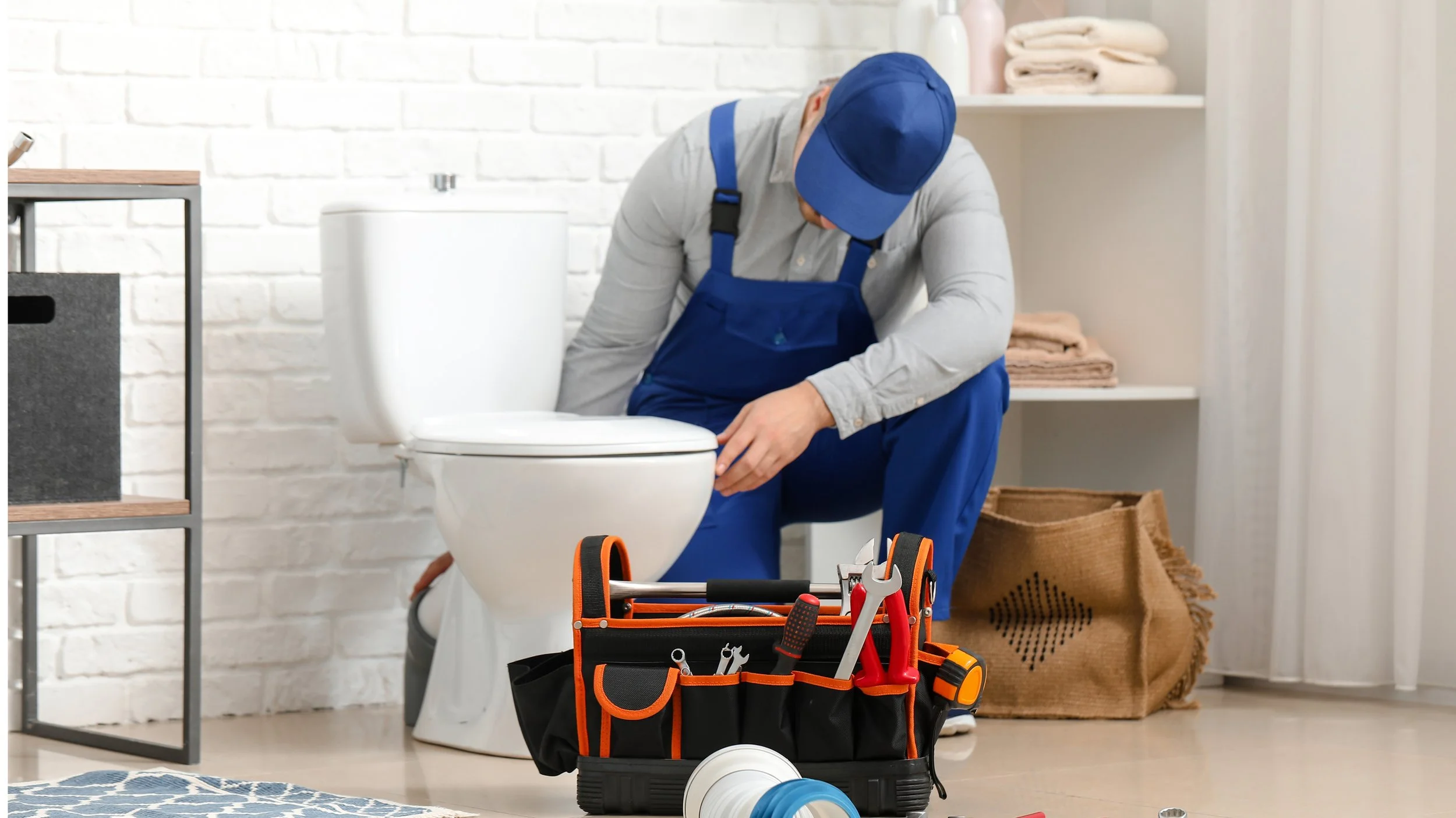 A handyman in blue overalls and a blue cap installing or repairing a toilet in a bathroom. There are tools and equipment like wrenches and screwdrivers in a tool bag nearby, with shelves holding towels and other supplies in the background.