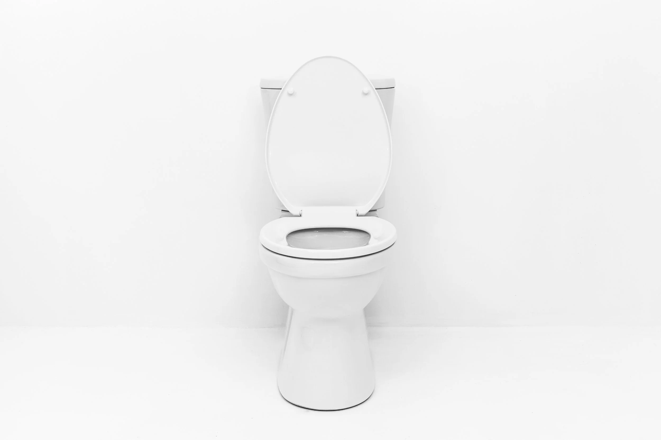 Front shot of a toilet with the seat up
