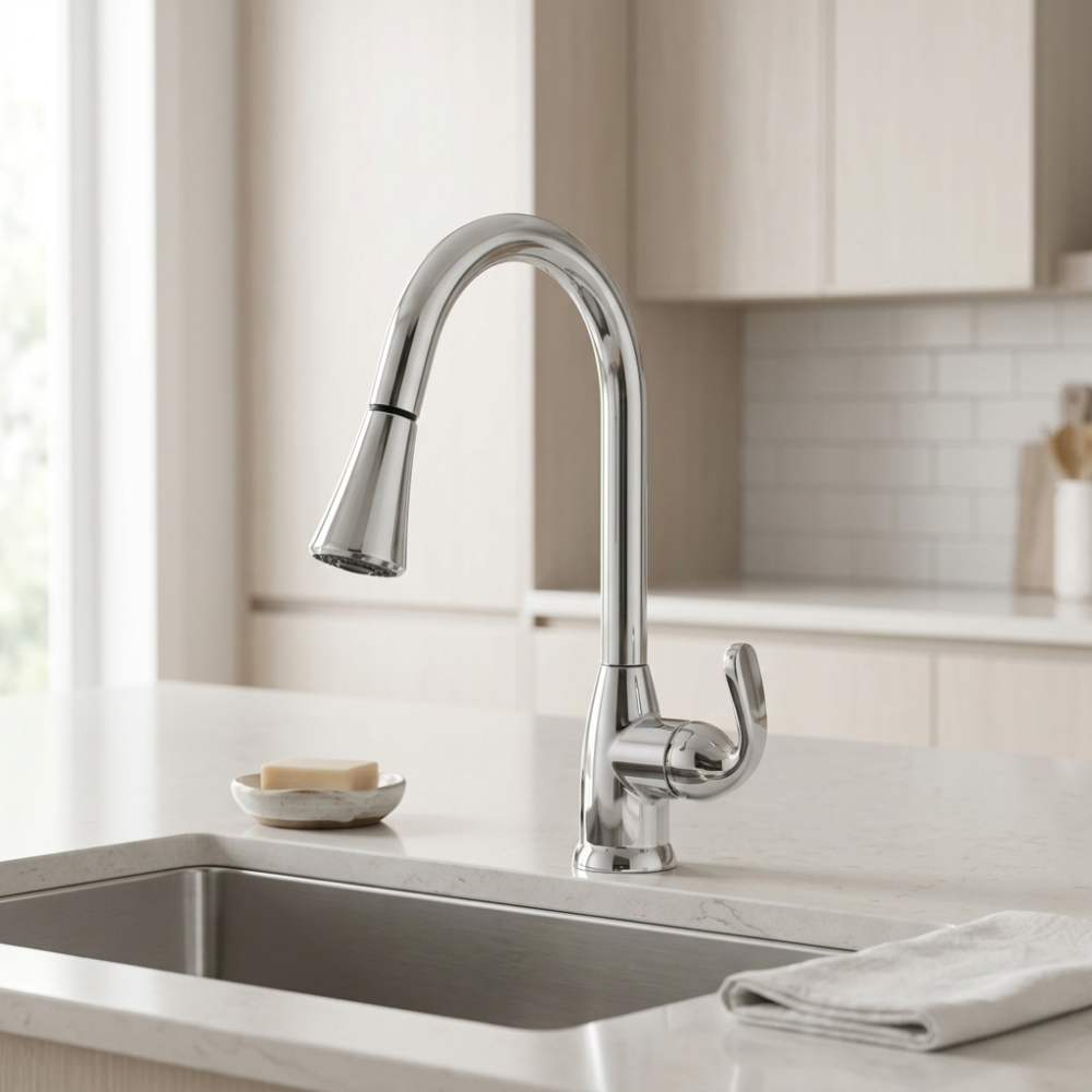 Chrome kitchen faucet on an island infront of a sink