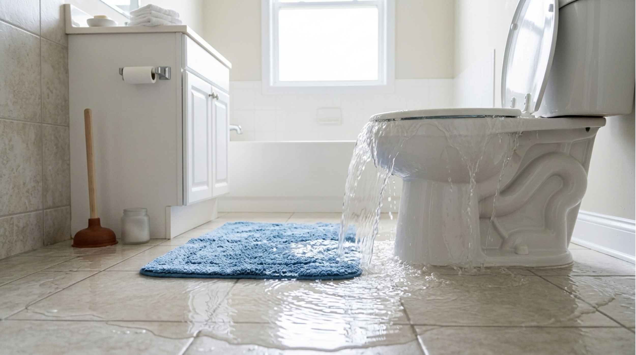 Overflowing toilet with water flooding the bathroom