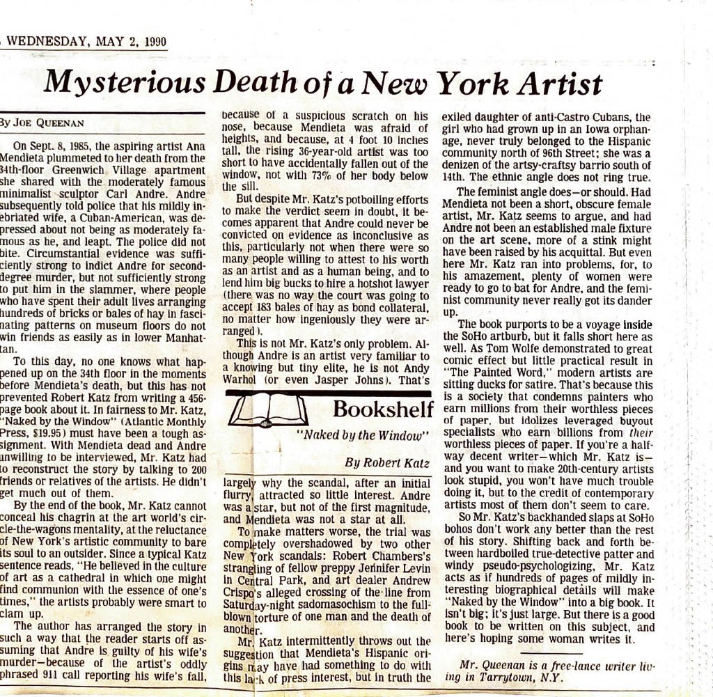 Article: Mysterious Death of a New York Artist, (May 2 1990) on the publication of Naked by the Window by Robert Katz. Book review New York Times
