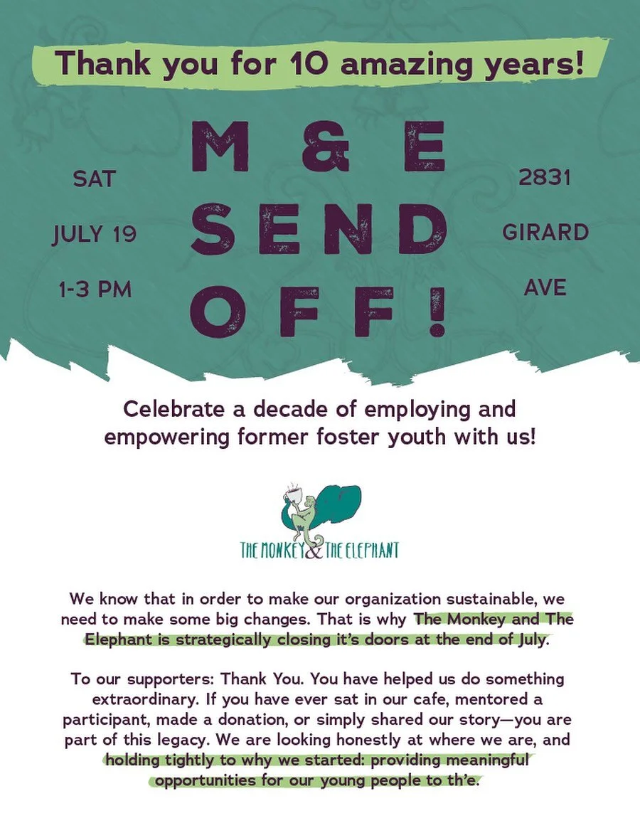 Help us send off and celebrate The Monkey &amp; The Elephant! We&rsquo;ll be at the caf&eacute; this Saturday between 1-3 for community and community 🤗 We hope to see you there!