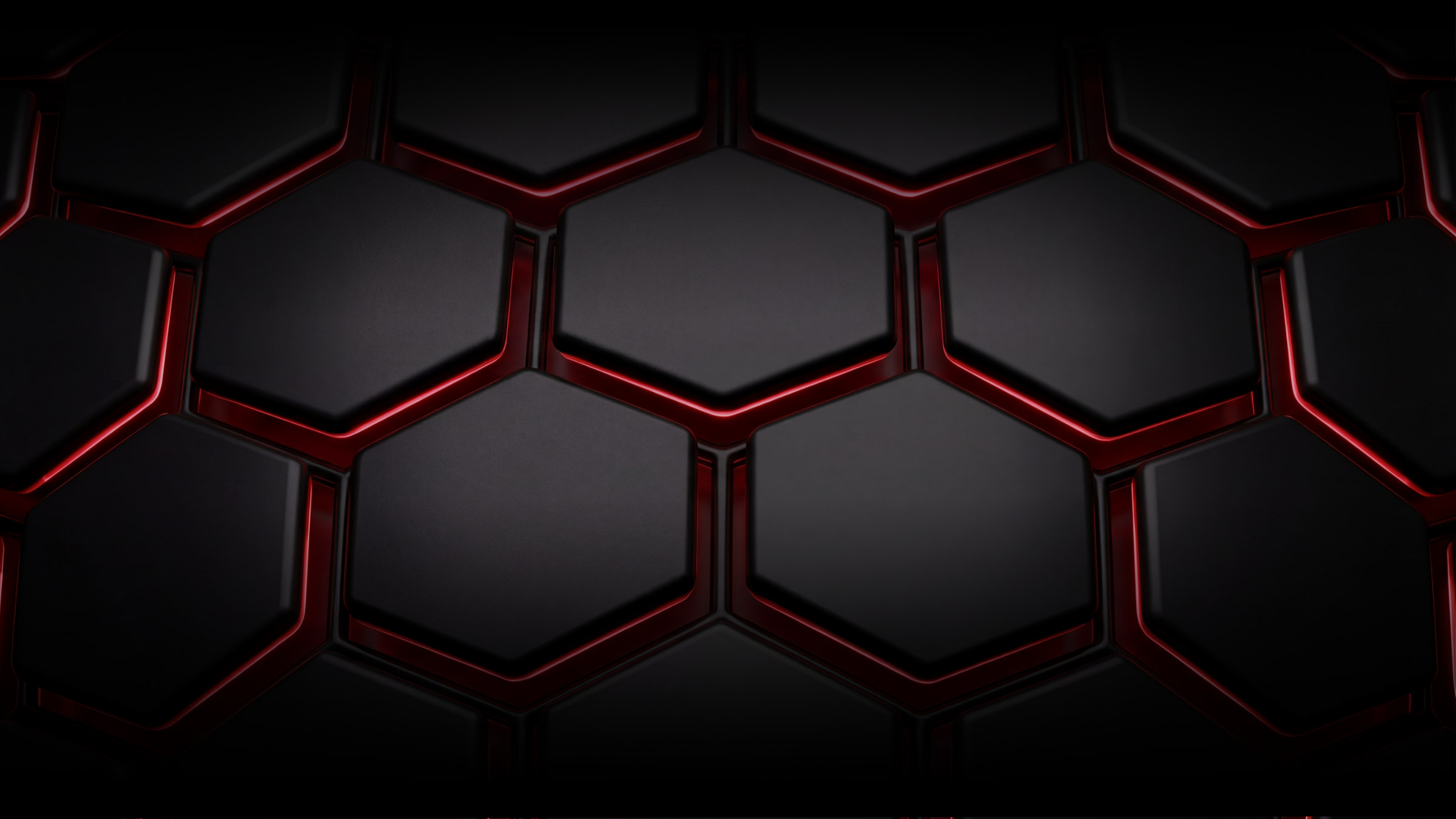 Black hexagonal tiles with red glowing edges arranged in a honeycomb pattern.