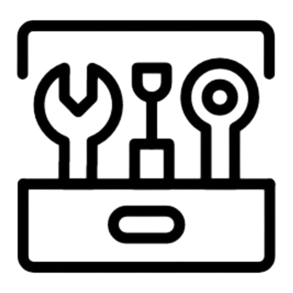 Outline illustration of a toolbox with a wrench, screwdriver, and gear.