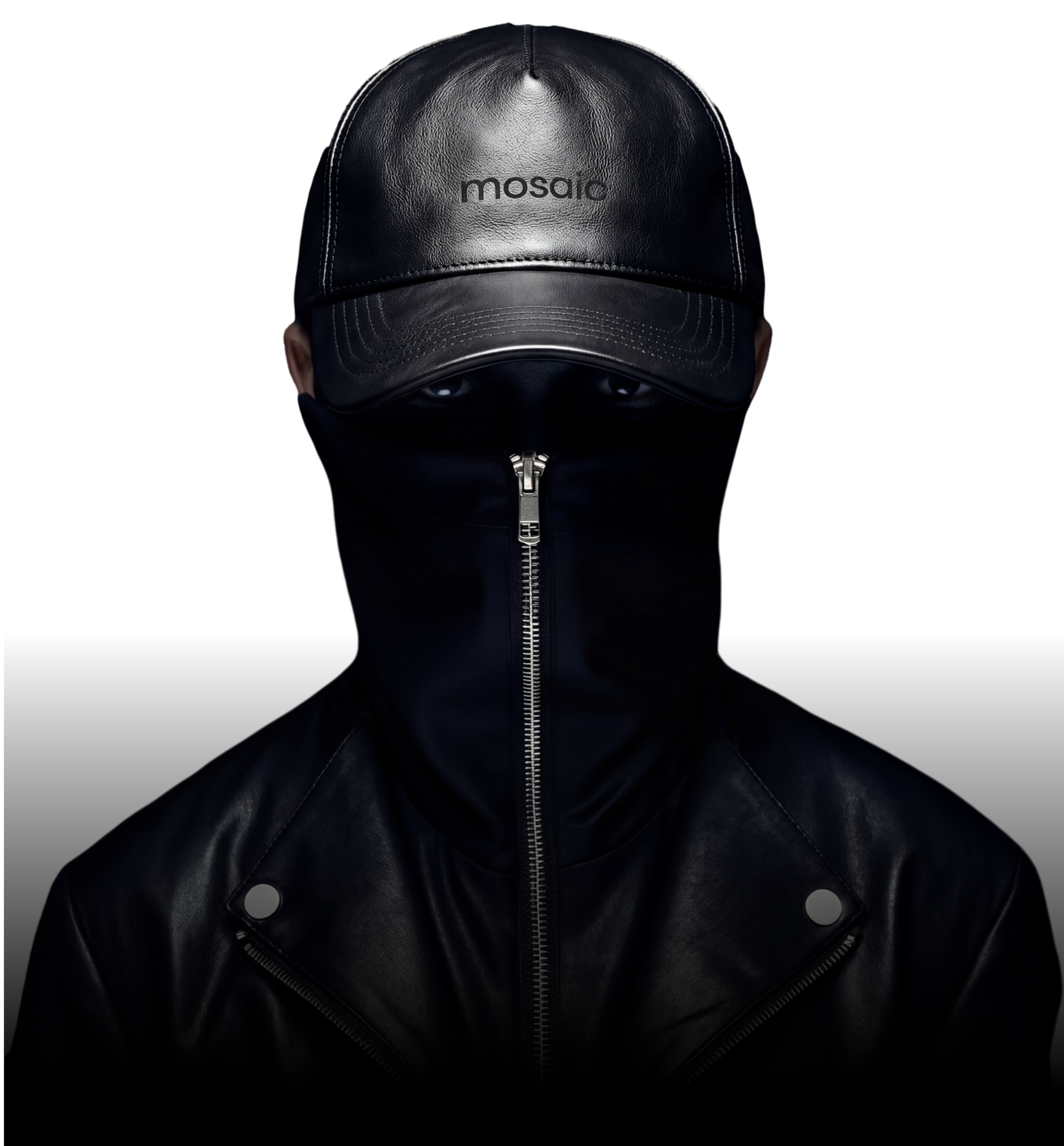 A person wearing a black leather cap, face mask, and leather jacket against a black background, with only their shiny eyes visible.