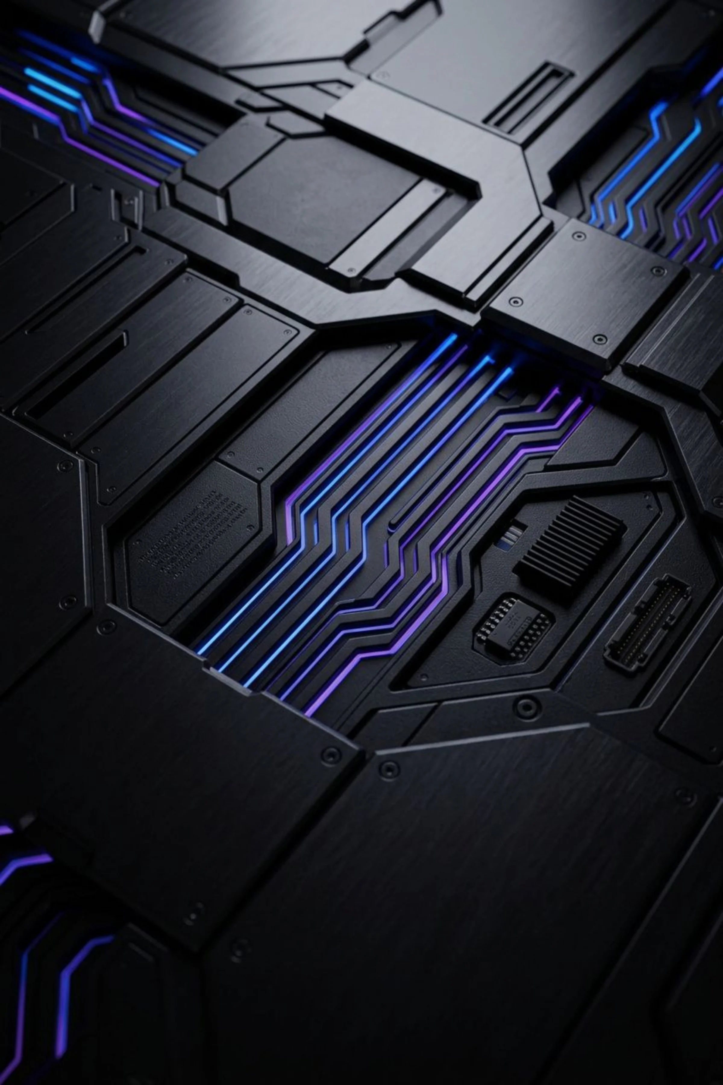 Close-up of a futuristic, black circuit board with illuminated purple and blue circuit lines.