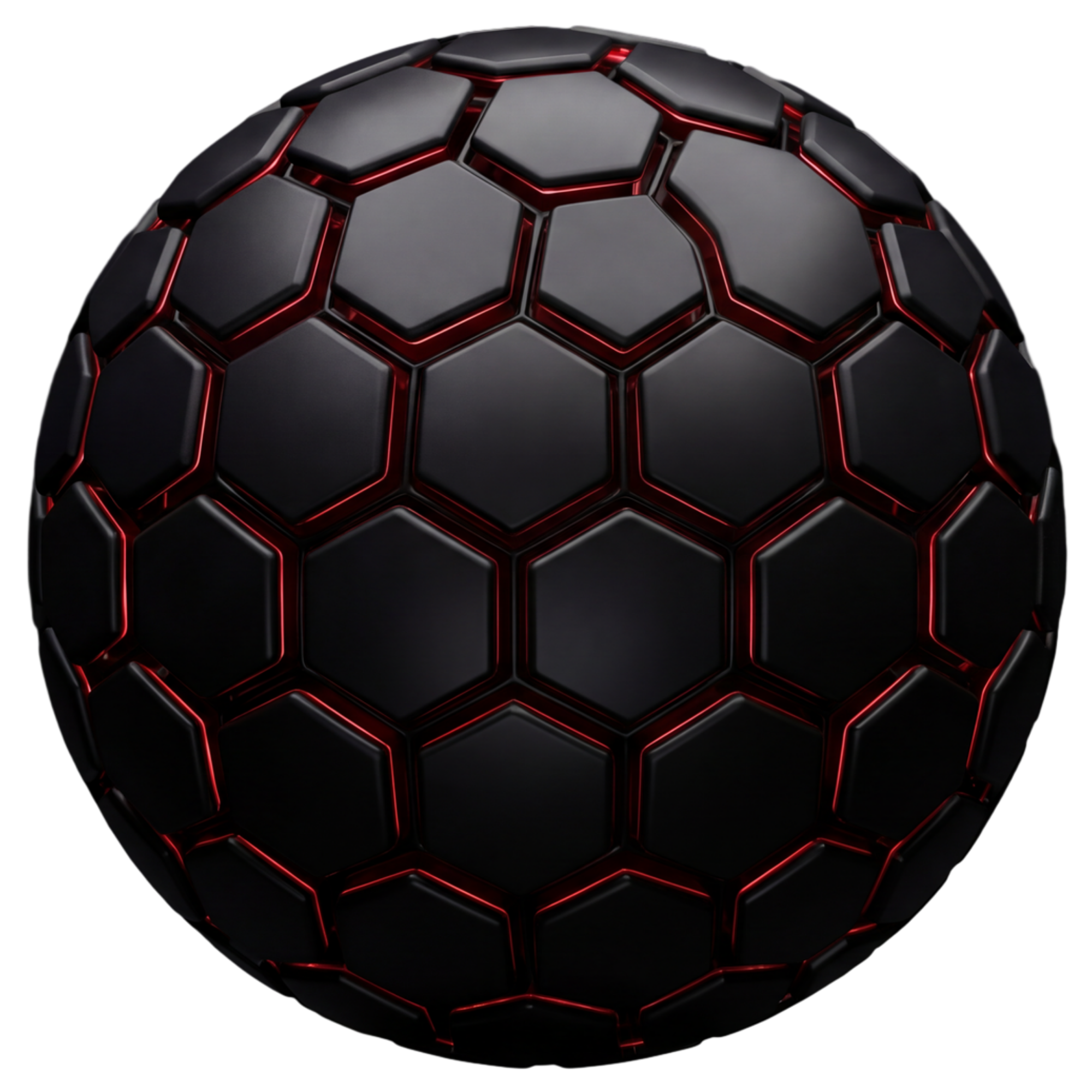 A black, futuristic, spherical object made of hexagonal panels with red glowing edges, resembling a high-tech sports ball or sci-fi device.