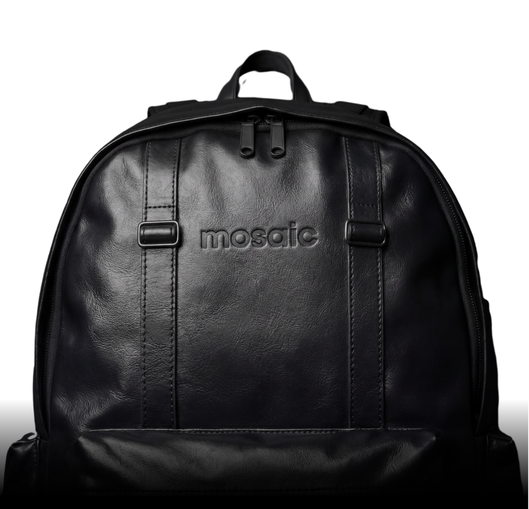 Black leather backpack with the word 'mosaic' embossed on the front, against a black background.