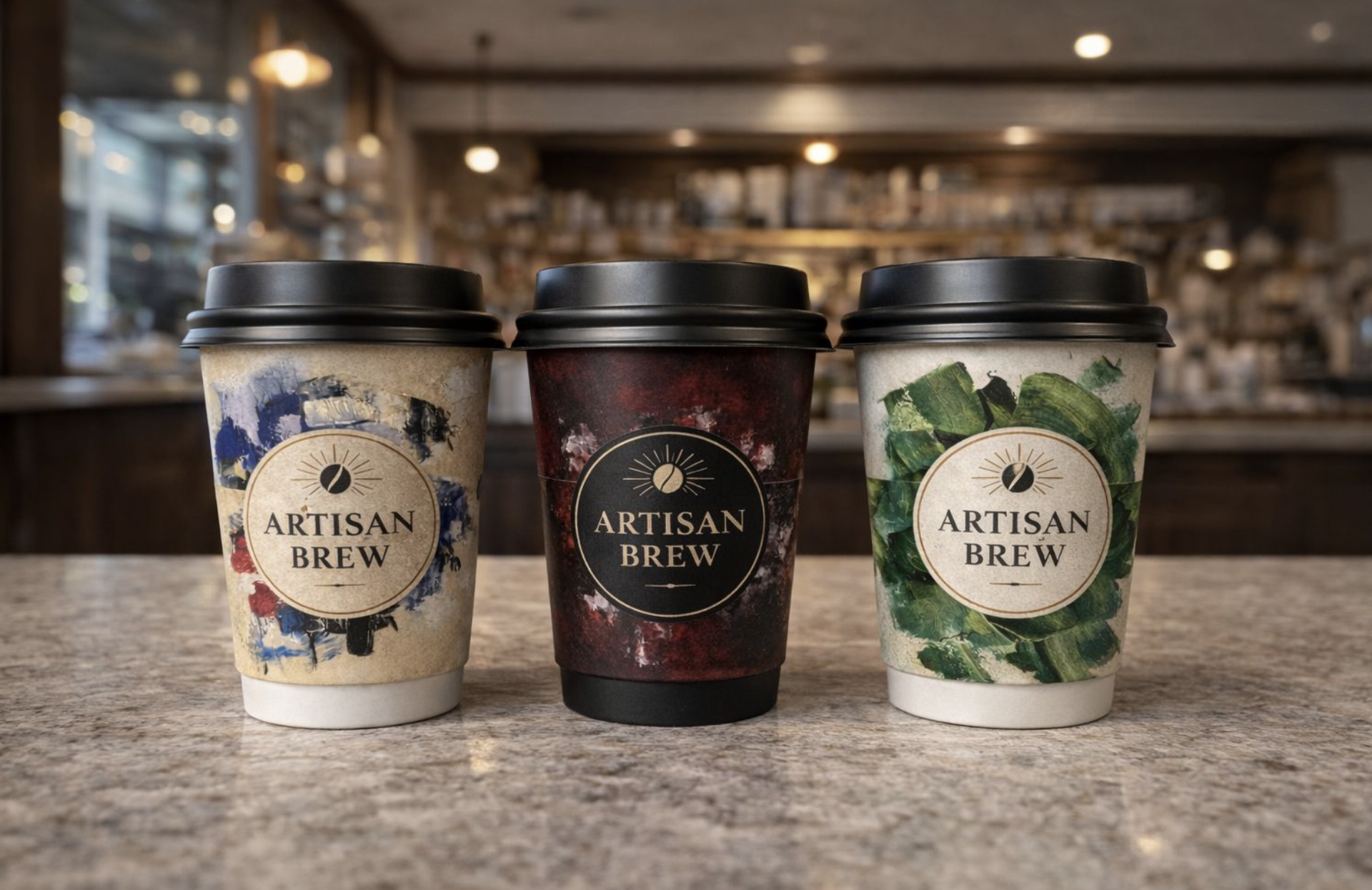 Three coffee cups with black lids on a marble counter in a coffee shop, featuring artisan brew labels and colorful abstract designs on the cups.