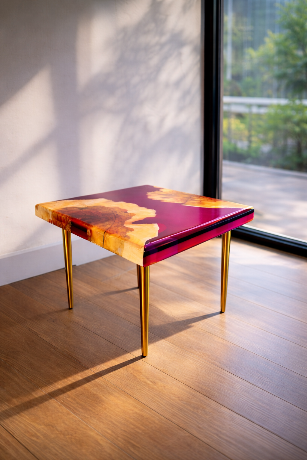 A small square table with a colorful maple burl and epoxy and gold legs, placed near a large window with sunlight streaming in.