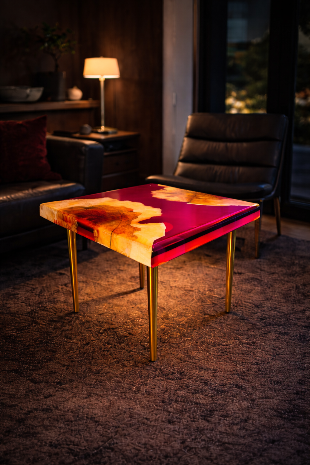 A colorful small table with a marbled red, orange, and yellow surface in a cozy living room with a leather chair, a dark couch with a pillow, a side table with a lamp, and a window showing the outdoors.