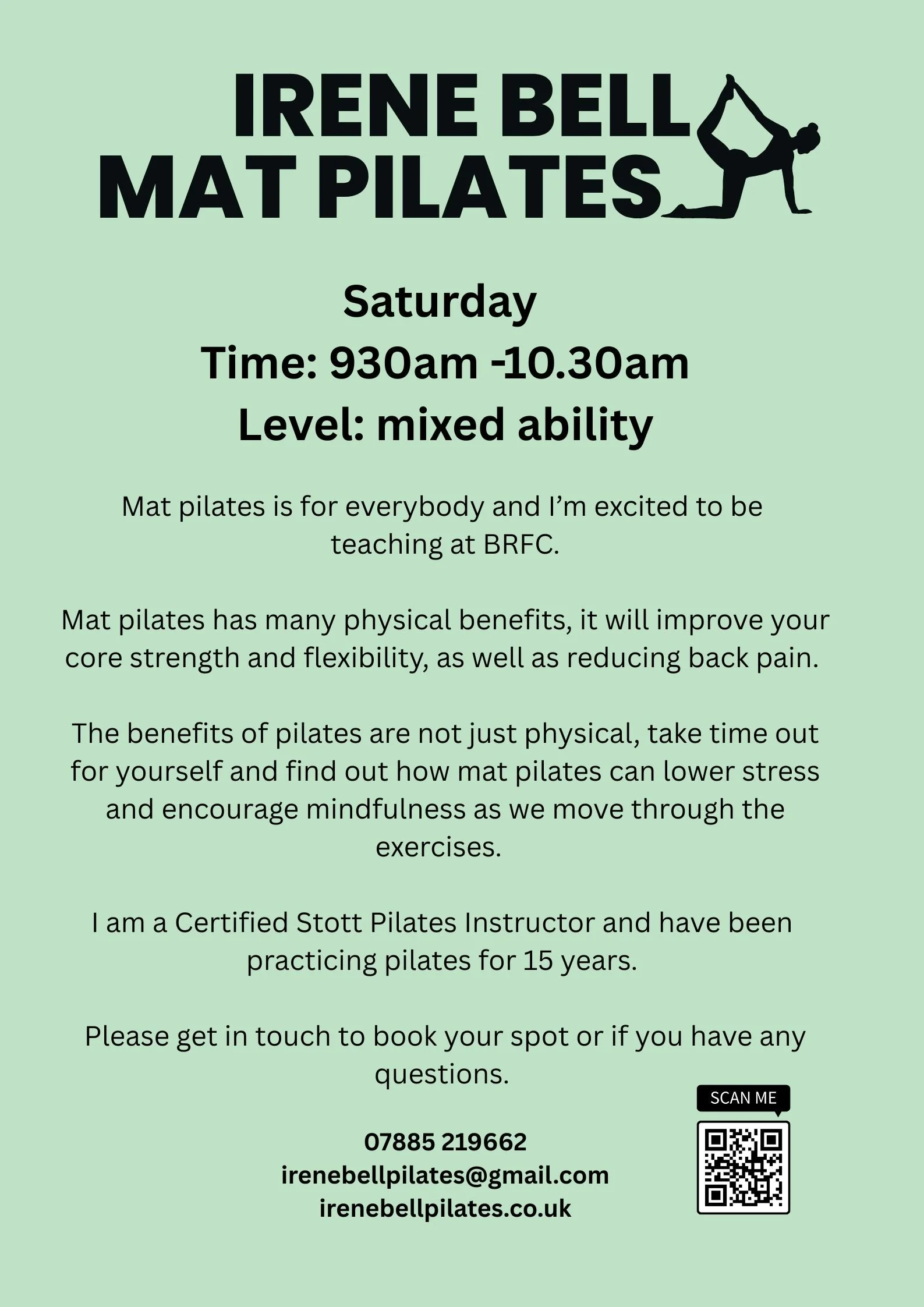 Event poster for Mat Pilates class with a silhouette of a woman in a yoga pose and event details.