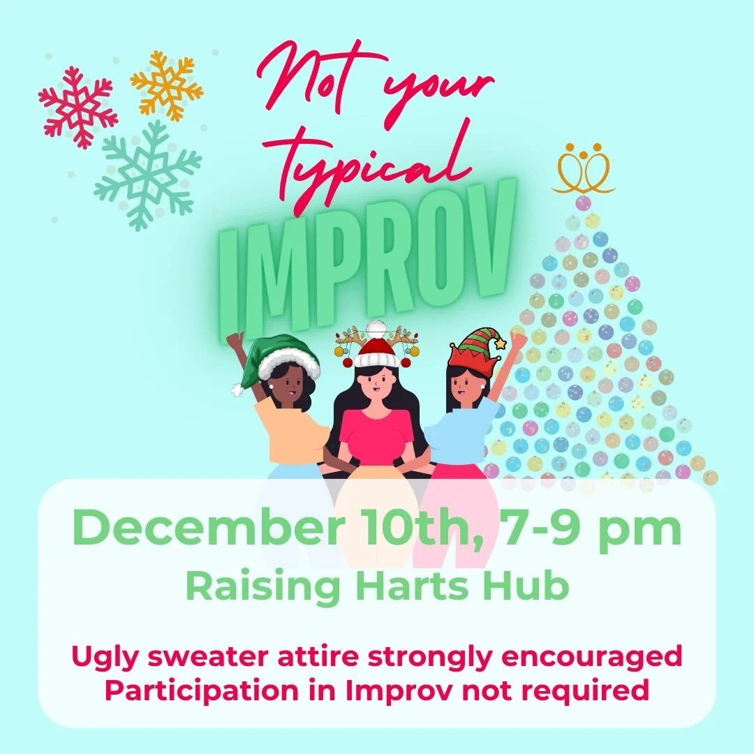 Only 9 days away from our 2nd Annual Ugly Holiday Sweater Improv Night! 🎄🎁

Moms and caregivers, this evening is all about you. Expect laughter, snacks, and a chance to relax together while celebrating the season. You can participate as much or as 