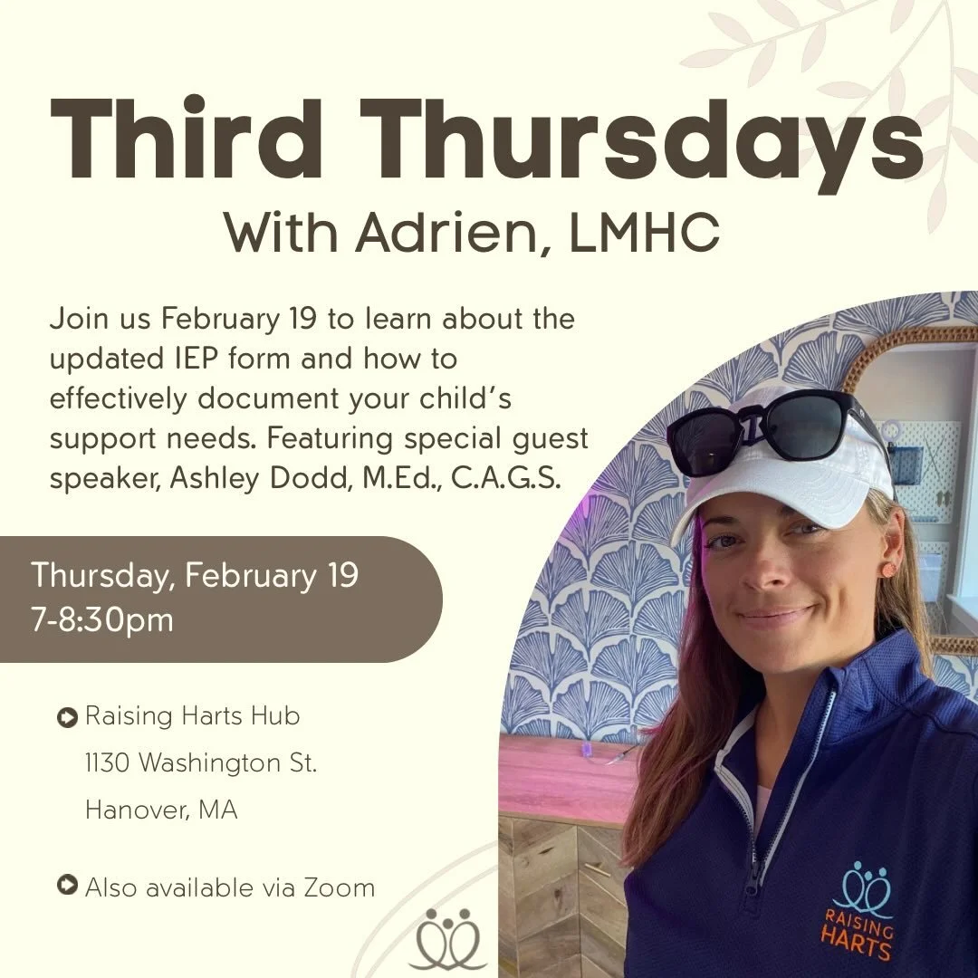 Third Thursday is back on February 19 from 7 to 8:30 PM, available in person at the RH Hub at 1130 Washington Street in Hanover or via Zoom. The Zoom link will be sent out the day of.

This month&rsquo;s session features a presentation on The New IEP