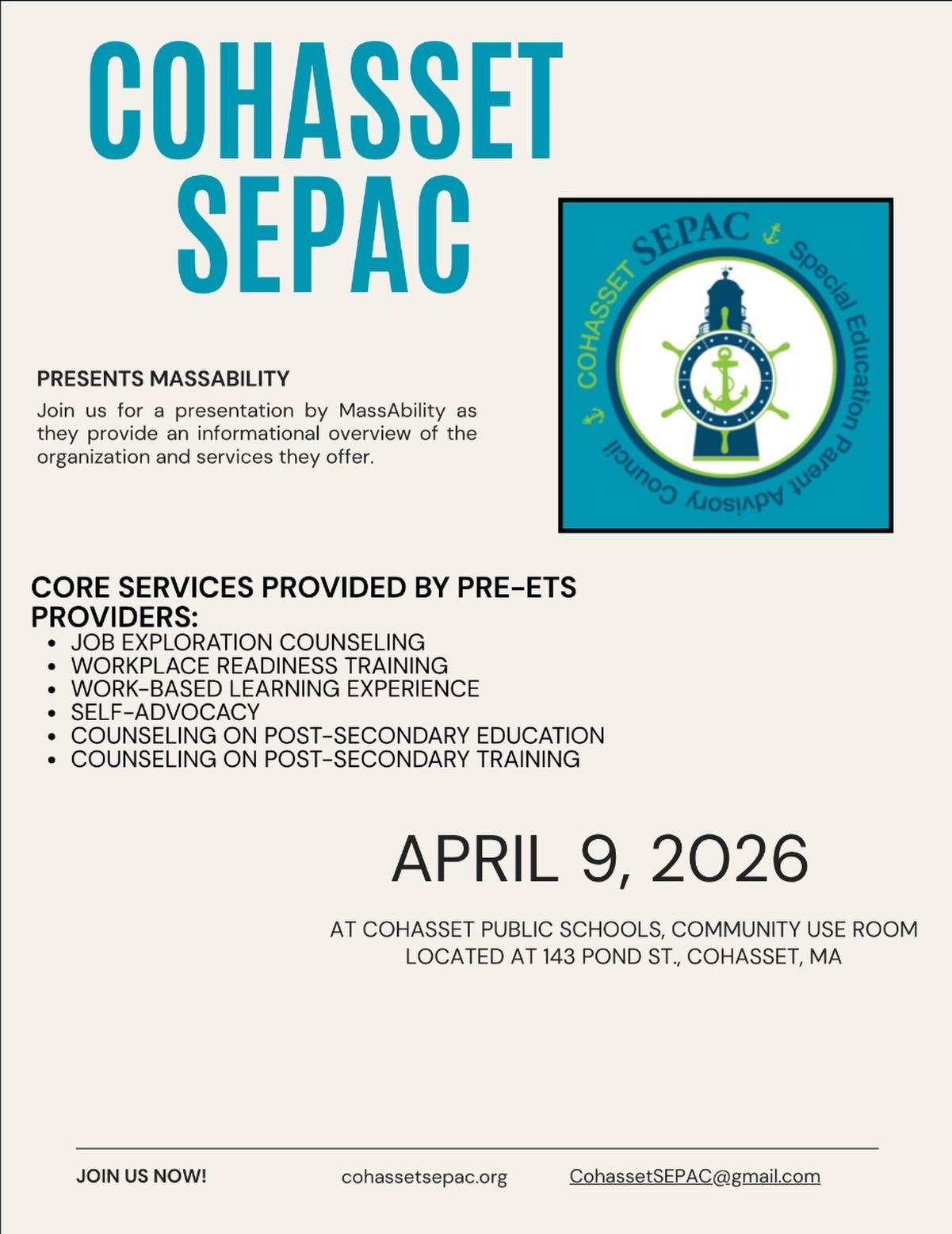 📢 All local community members are welcome to attend this upcoming meeting hosted by our friends at the Cohasset SEPAC! 

APRIL HYBRID SEPAC MEETING
 
Thursday, April 9th, 11:00am
The Community Room @ CMHS
143 Pond Street
or
Join Zoom Meeting:
https: