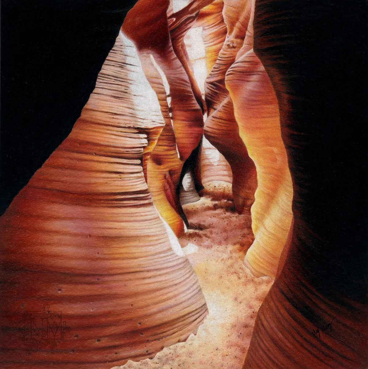 Colored pencil drawing of layered red rock walls and sun beams in Secret Antelope Canyon in Page, Arizona