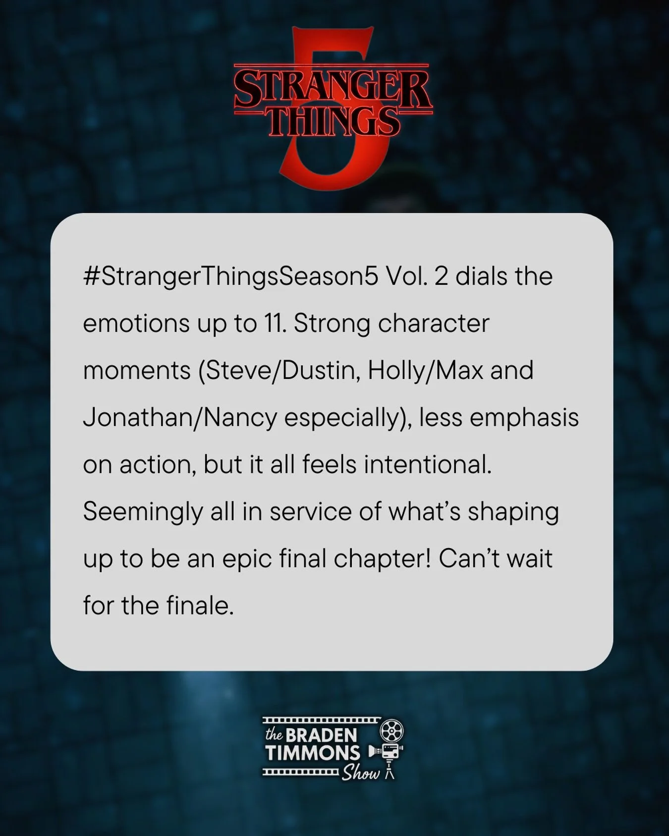 #StrangerThingsSeason5 Vol. 2 dials the emotions up to 11. Strong character moments (Steve/Dustin, Holly/Max and Jonathan/Nancy especially), less emphasis on action, but it all feels intentional. Seemingly all in service of what&rsquo;s shaping up to