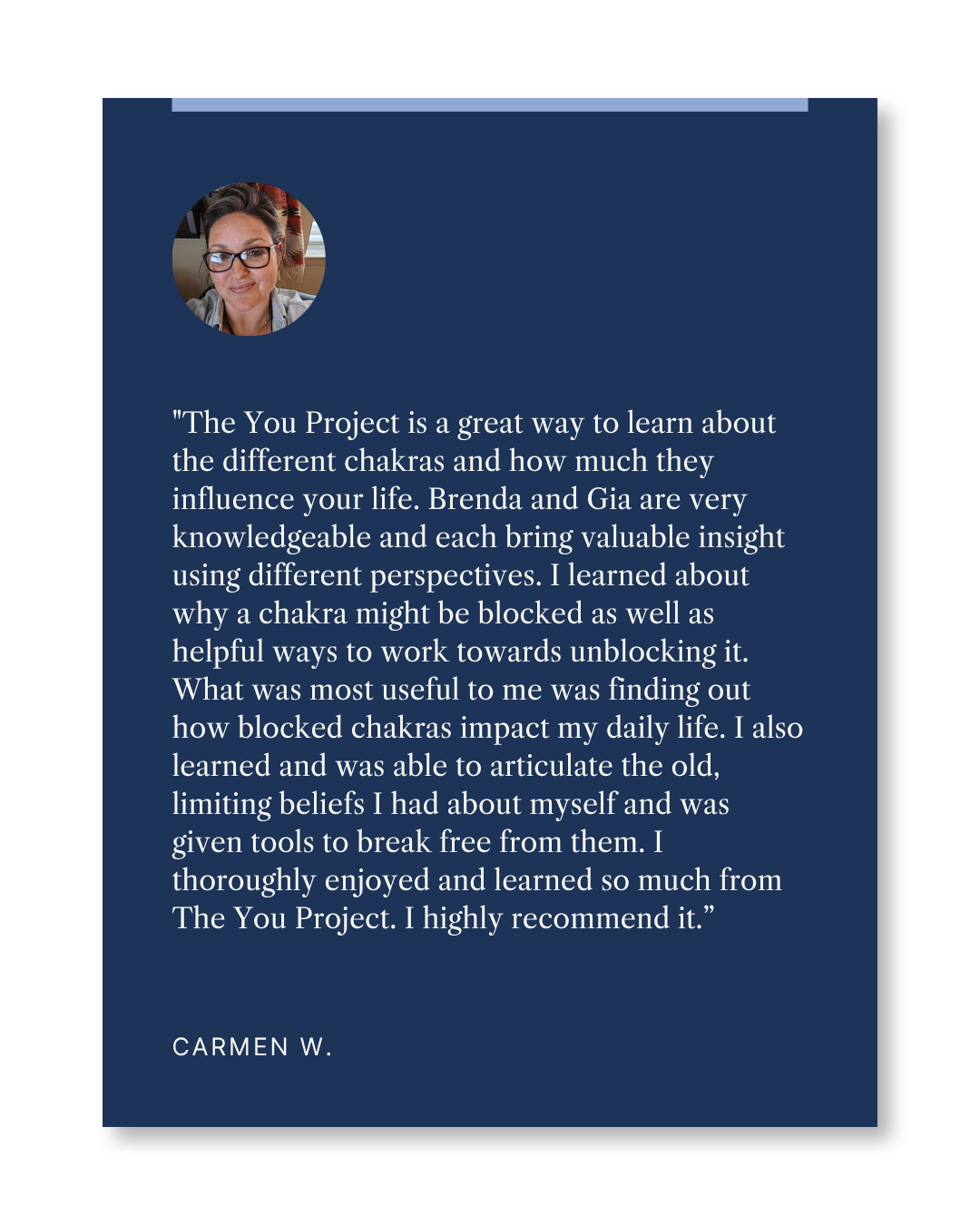 Quote about attending a trauma retreat and its positive effects, displayed on a blue background with rounded black border.