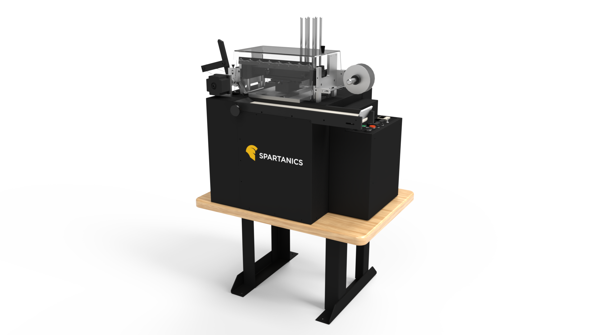 Industrial hot stamping press machine on a wooden table with a white background.