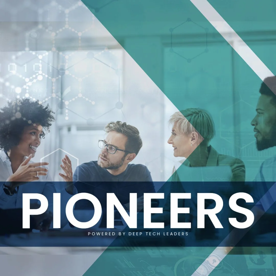 Diverse professionals collaborating with scientific overlays. PIONEERS powered by Deep Tech Leaders on teal background