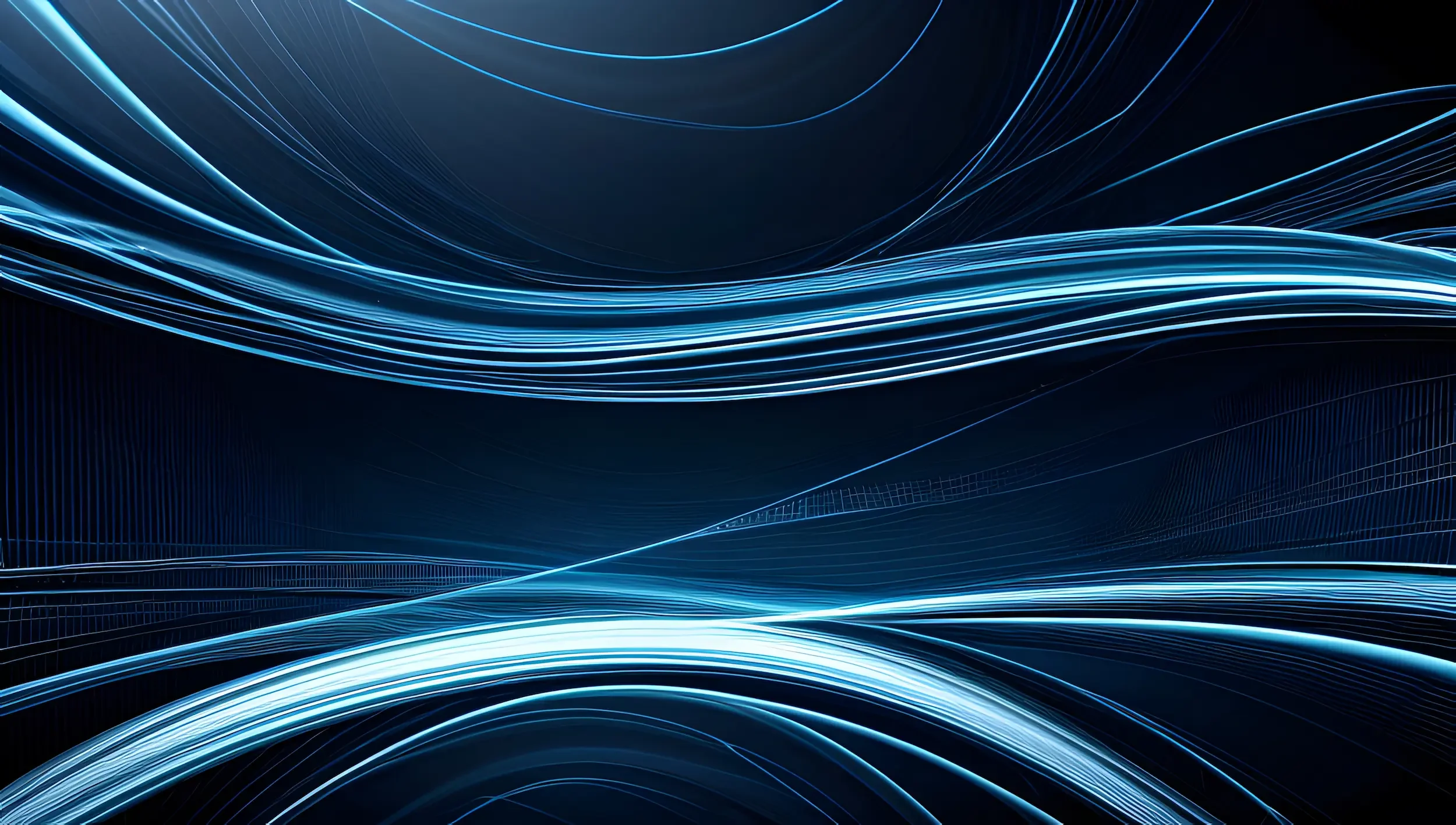 Abstract dark blue composition of converging luminous wave forms and a geometric grid, suggesting the alignment of complex systems along a common axis.