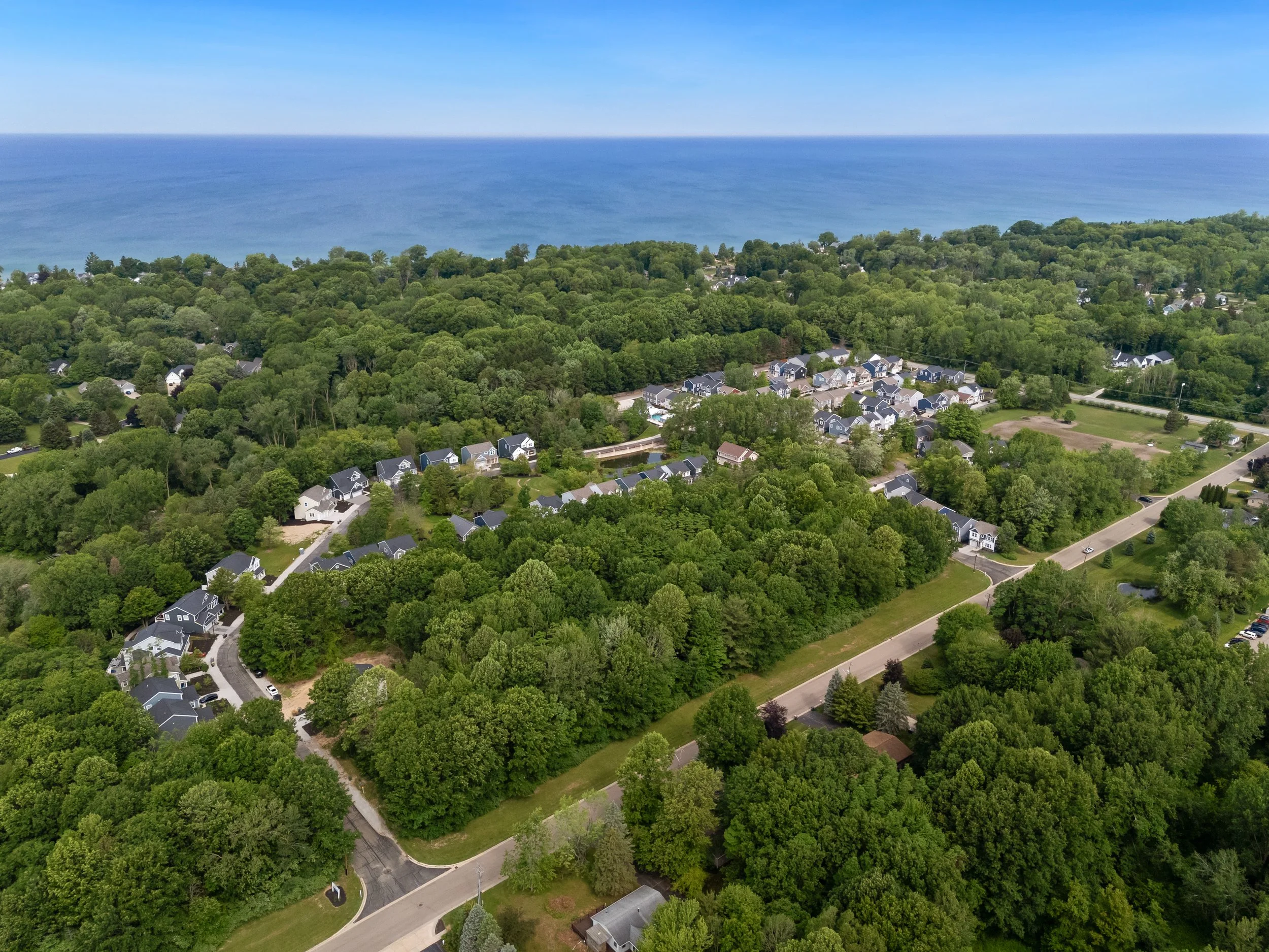 An aerial view of a neighborhood with houses surrounded by dense green trees, with a large body of water in the background under a clear blue sky.