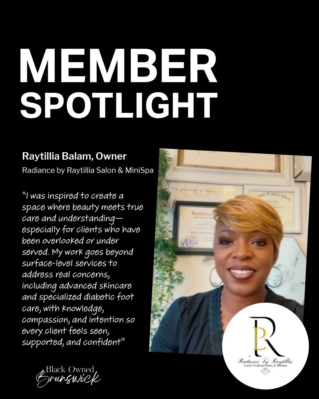#BlackOwnedBWKMemberSpotlight

Radiance by Raytillia Salon &amp; MiniSpa (@radiancebyraytillia) specializes in advanced skincare and corrective care using SmartSKN technology to analyze and treat skin concerns at the root. Serving clients throughout 