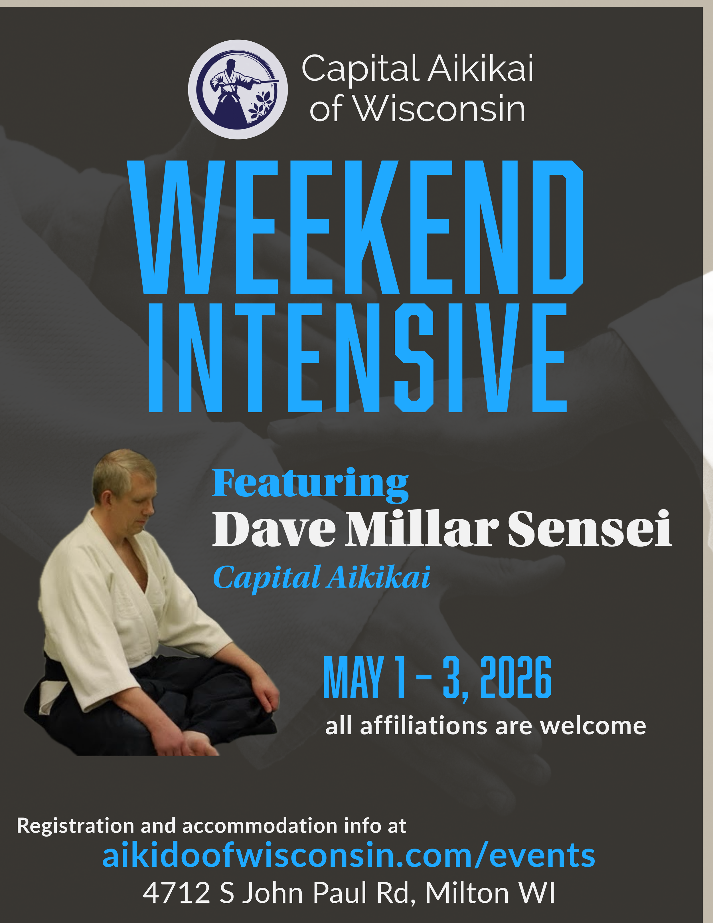 a flyer inviting people to attend an aikido event May 1 -3 with Millar sensei