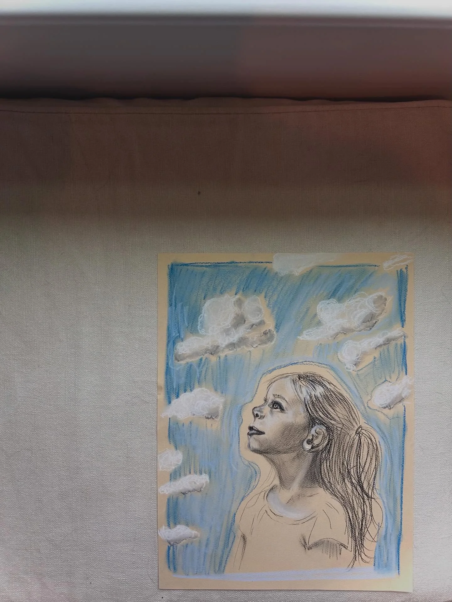 i love this one 🩵 the girl &amp; the art. 

Cont&eacute; &amp; soft pastel on Canson Mi-Teintes paper (9x12).