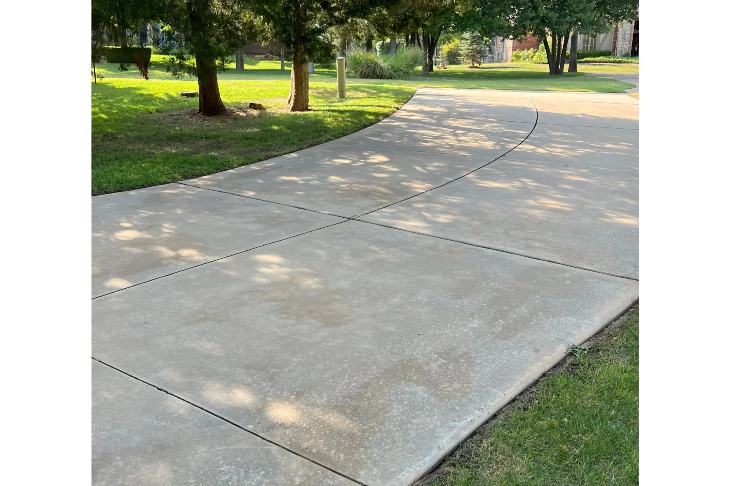 Curved concrete sidewalk with patches of sunlight and shadows from trees, surrounded by green grass and trees, in a residential area.