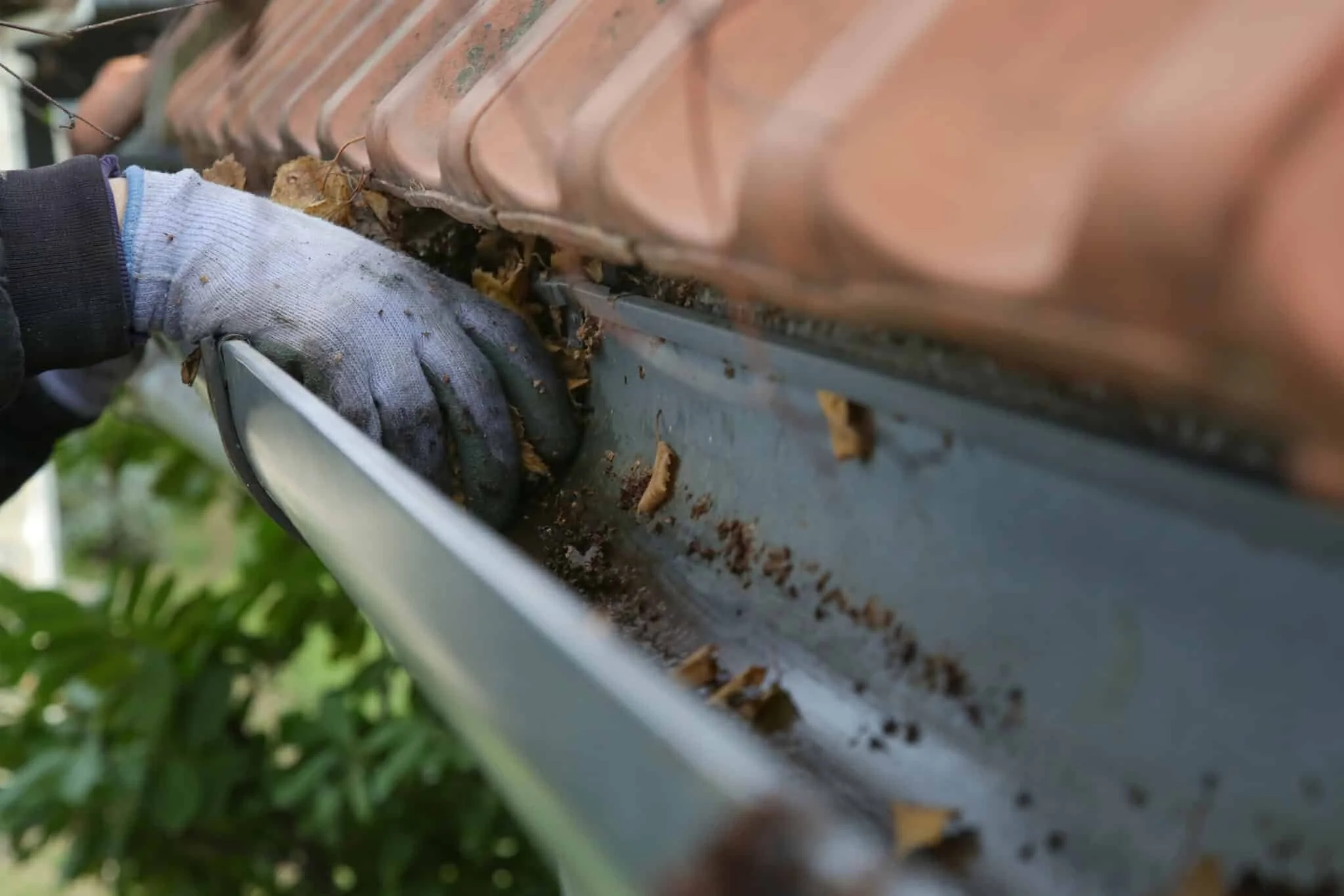 Close-up of a person wearing work gloves cleaning debris from a gutter on a house roof.