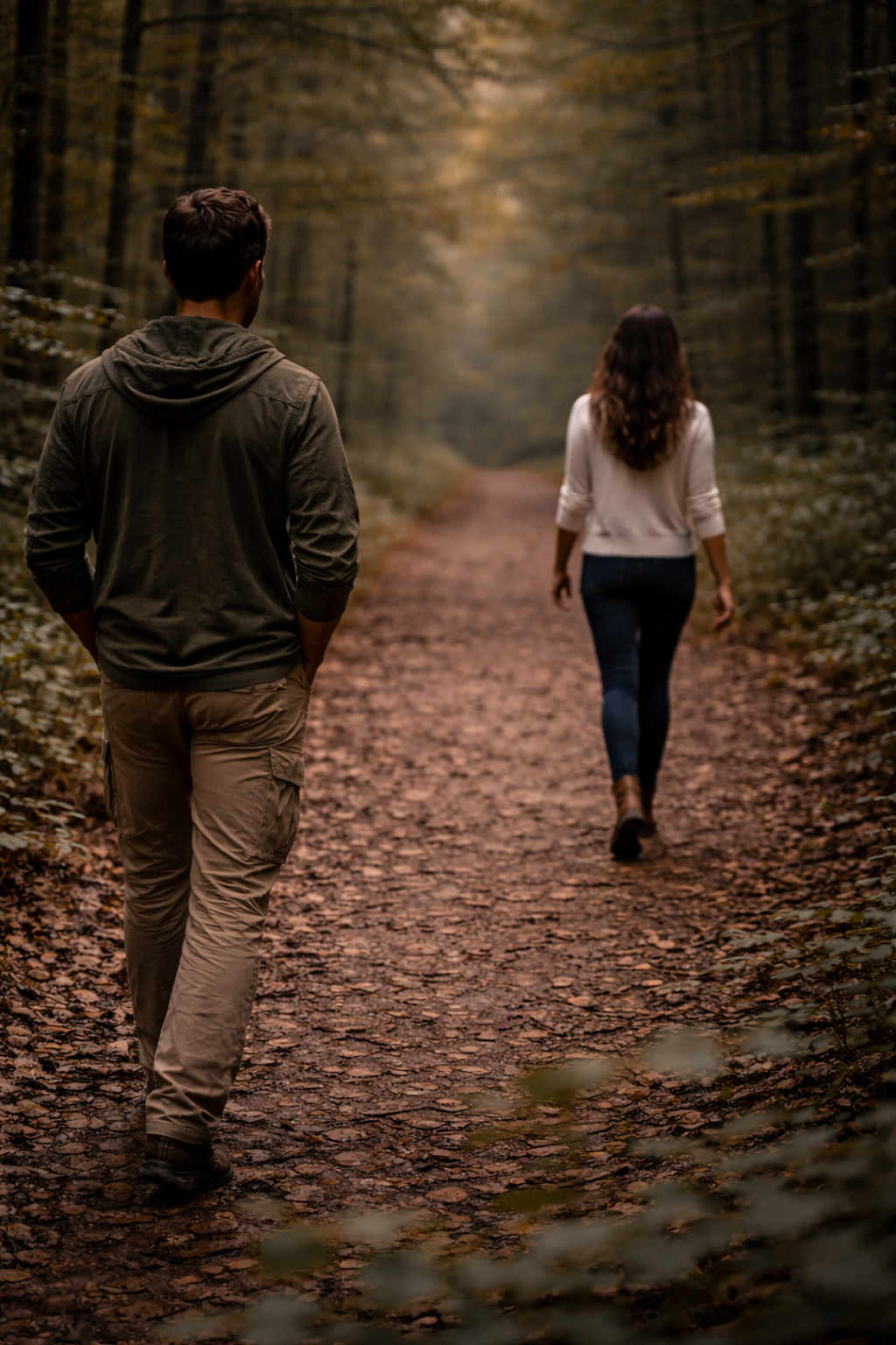 Couple far apart in a forest.