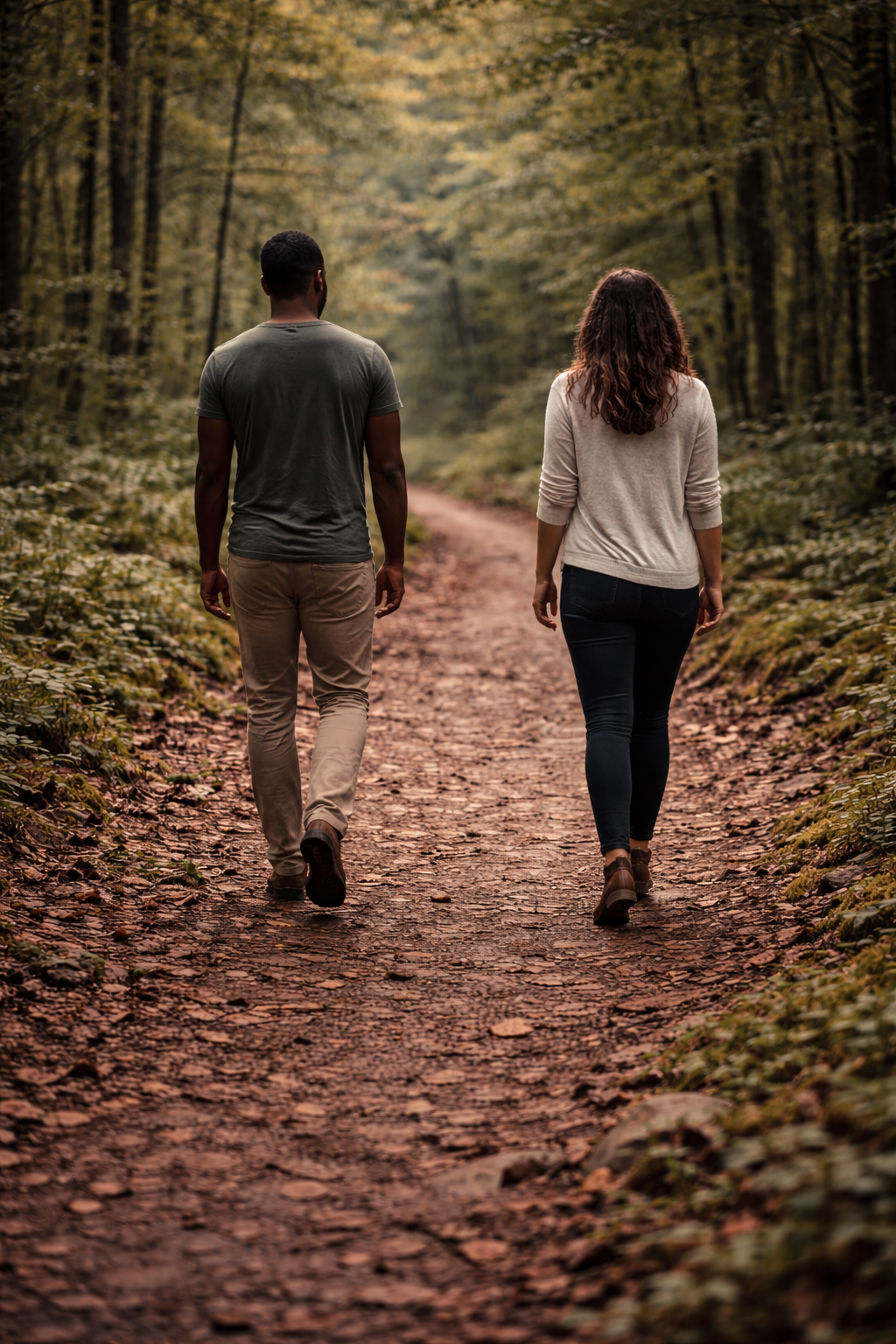 Separated couple on a forest path.