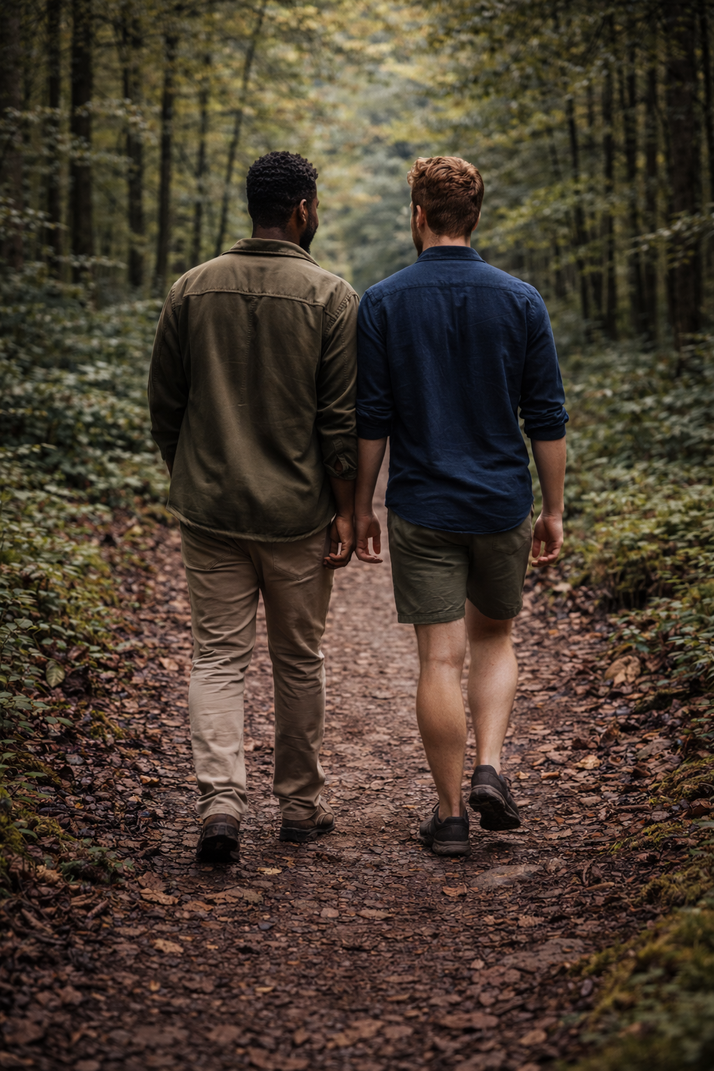 Gay couple on a forest path.