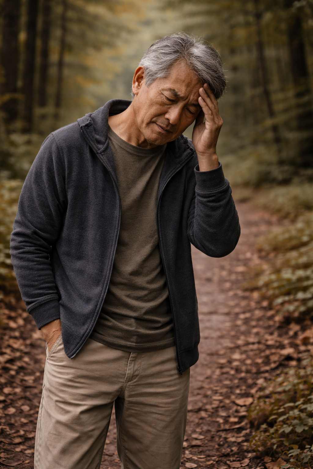 Stressed man on a forest path.
