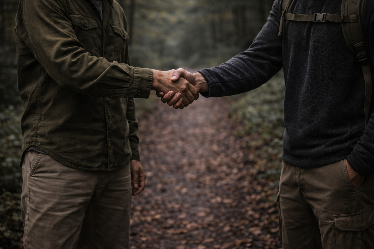 Men shaking hands in the forest.
