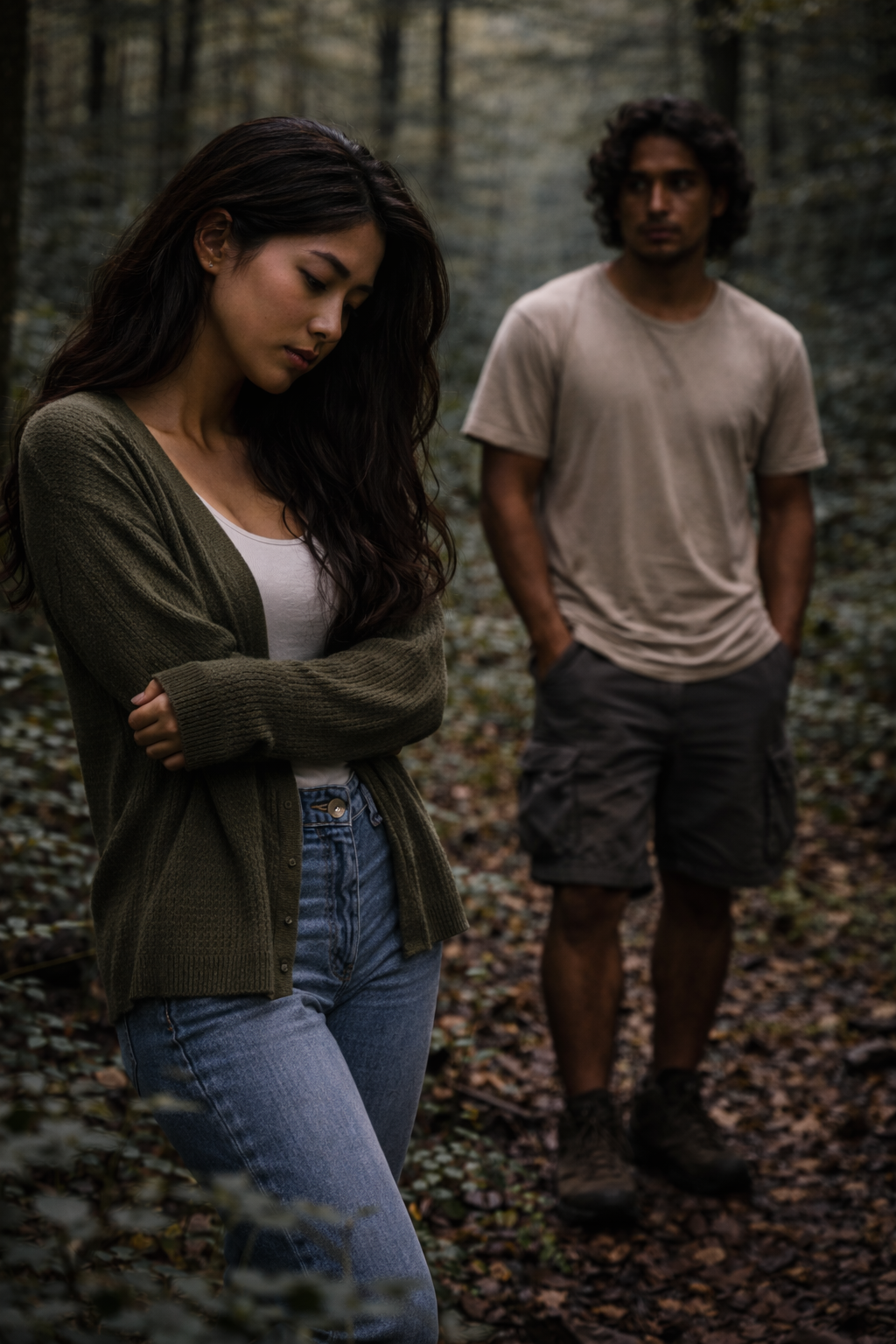 Couple distraught in a forest.