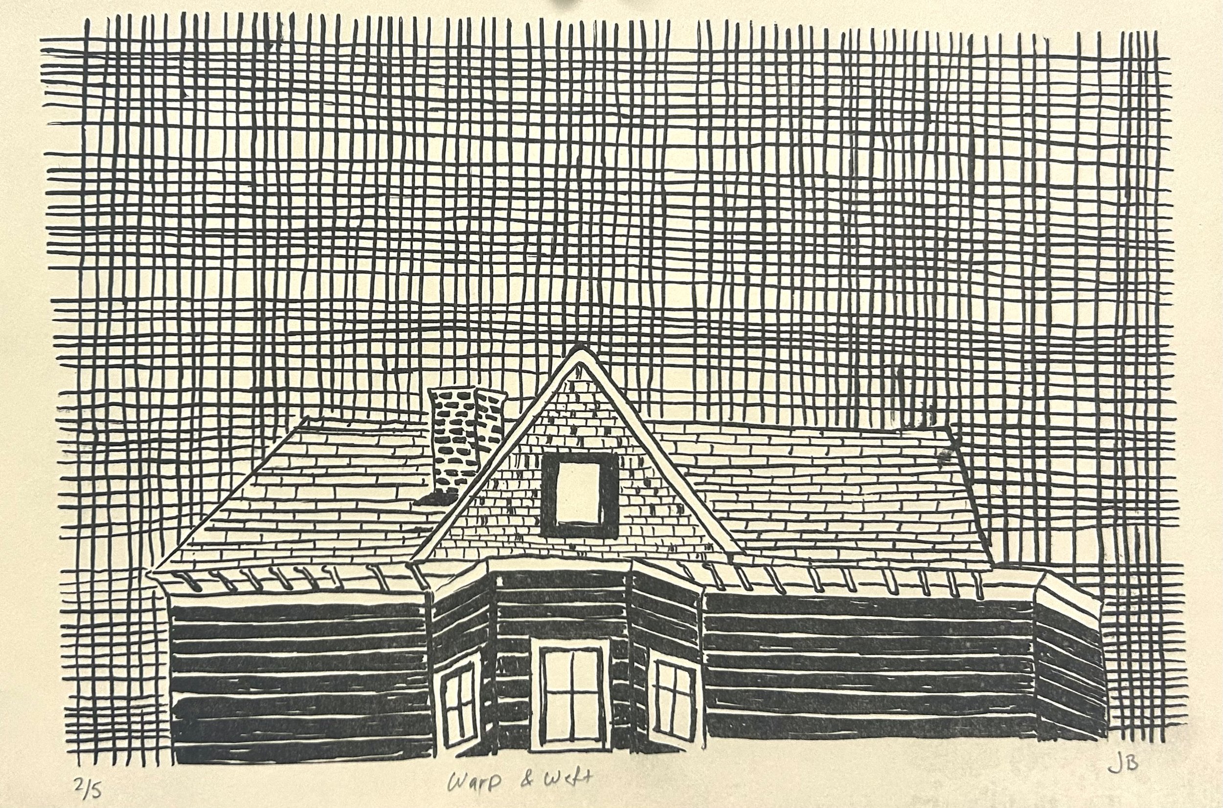 "Warp & Weft", stone lithography on cream Rives BFK, 8" x 12", 2023