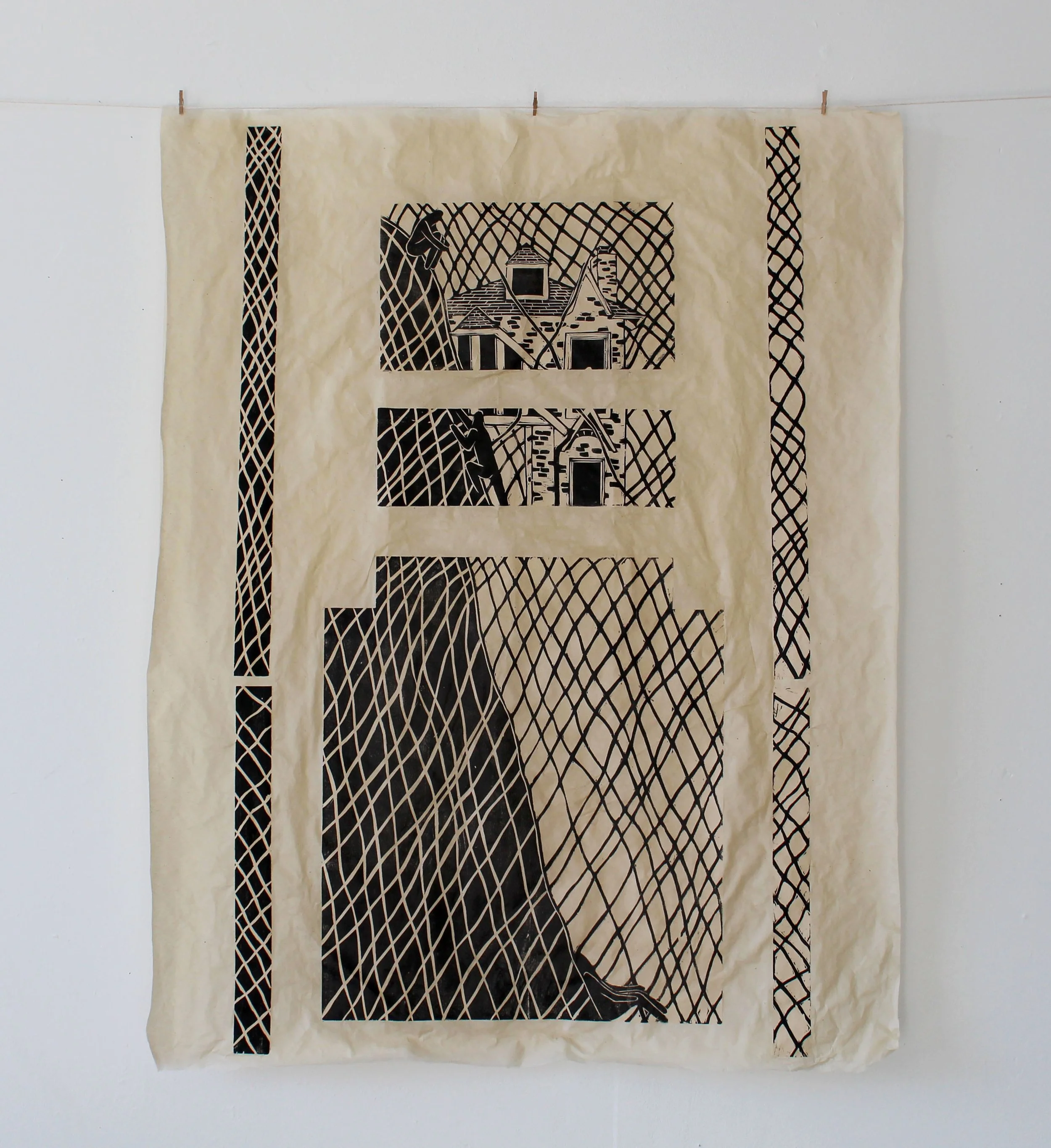 "The Body", woodcut on kita kata gampi, methyl cellulose, 38" x 30" 2024