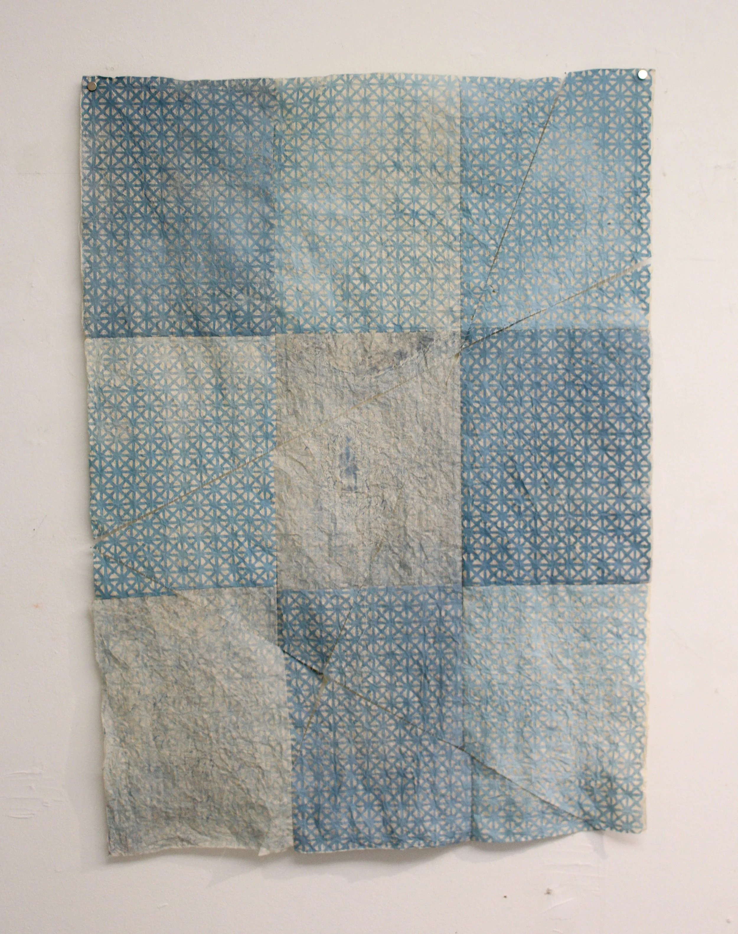 "Radiator Warmth", woodcut, collagraph on kita kata gampi, methyl cellulose, embroidery, 2026