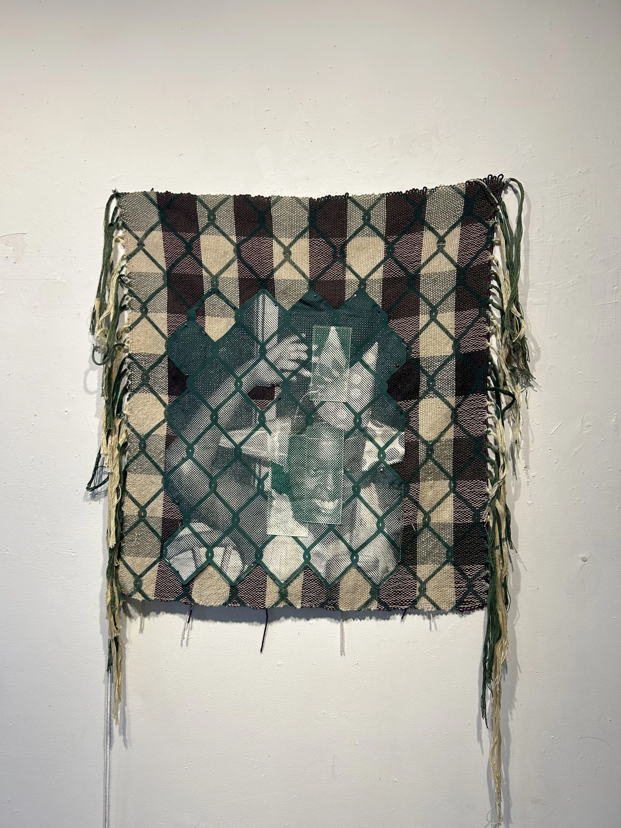 "Fenced Memories", 12 epi, cotton, screen print, relief, embroidery, 36" x 36", 2024