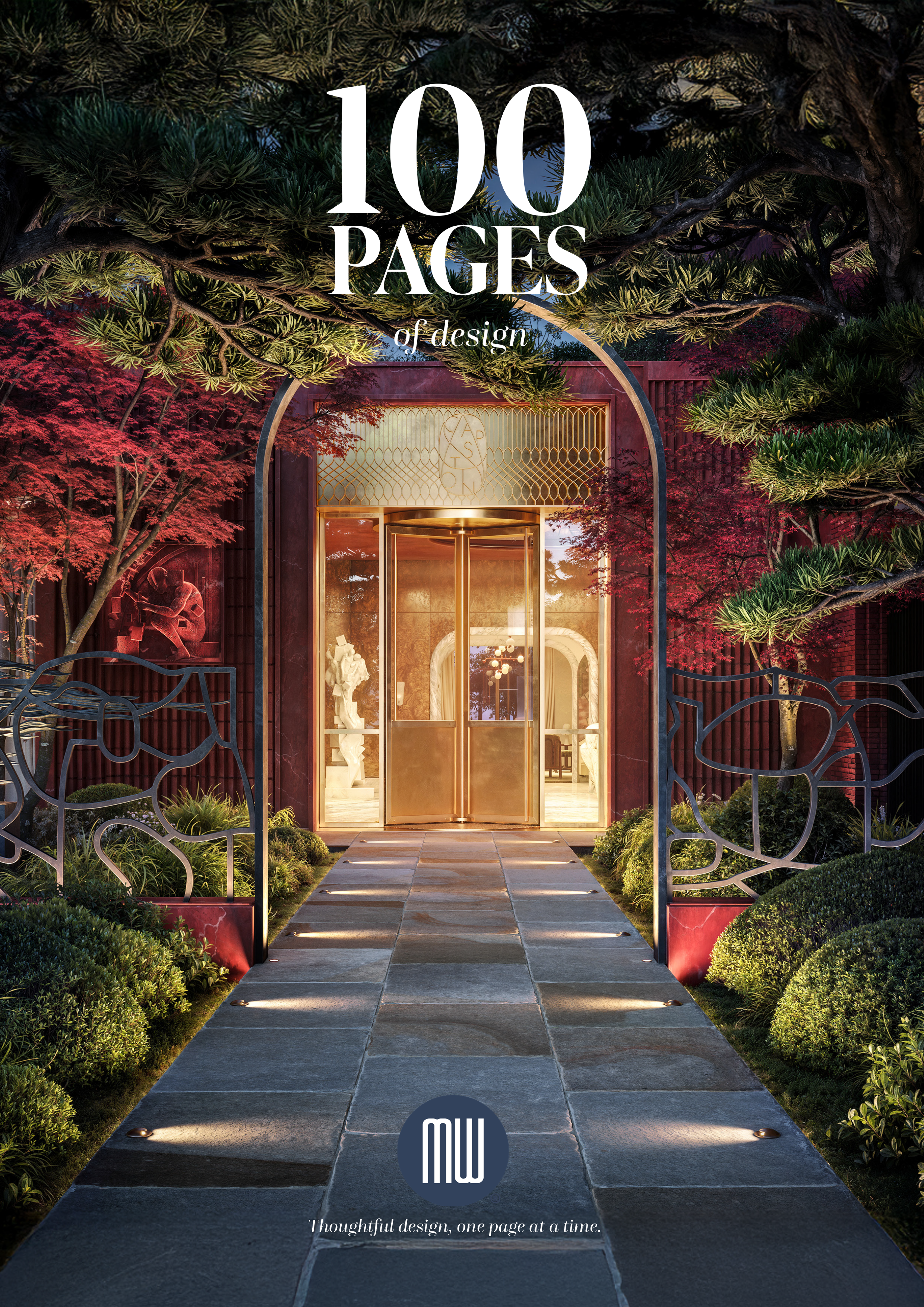 Cover of a design book titled '100 Pages of Design' showing an elegant entrance pathway lined with small lights, leading to a grand glass door surrounded by lush greenery and red leaves. The subtitle reads 'Thoughtful design, one page at a time.'