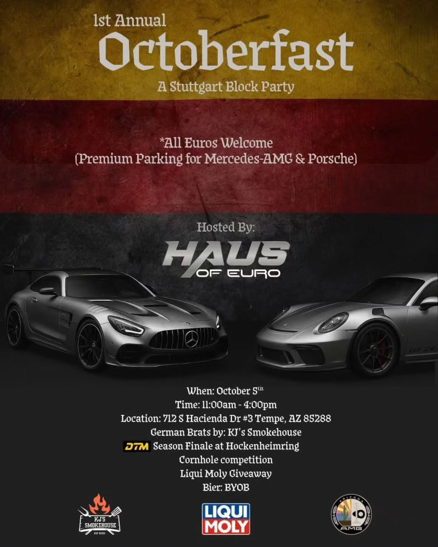 You already know we throw the best Haus parties. 🤟🏽😎🇩🇪 Come join the Octoberfast Stuttgart Special Block Party on Sunday, October 5th, which is just 13 days away. 

Mercedes-Benz and Porsche are going head to head up front on display. However, i